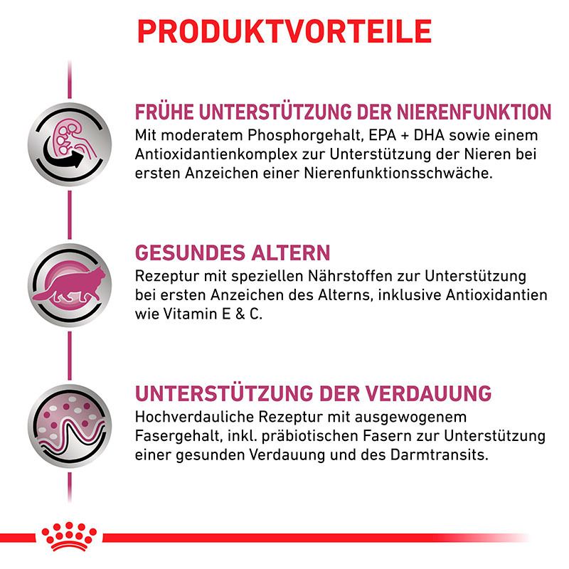 Produktvorteile von ROYAL CANIN Veterinary Feline Early Renal: Nieren-, Alterungs- und Verdauungsunterstützung.