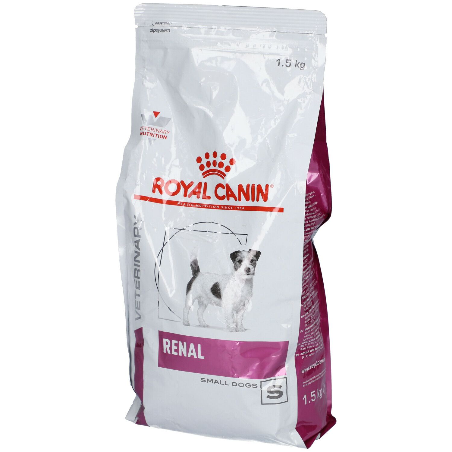 Zak Royal Canin Renal Small Dogs. Wit, met logo, hond en tekst. 1,5 kg.
