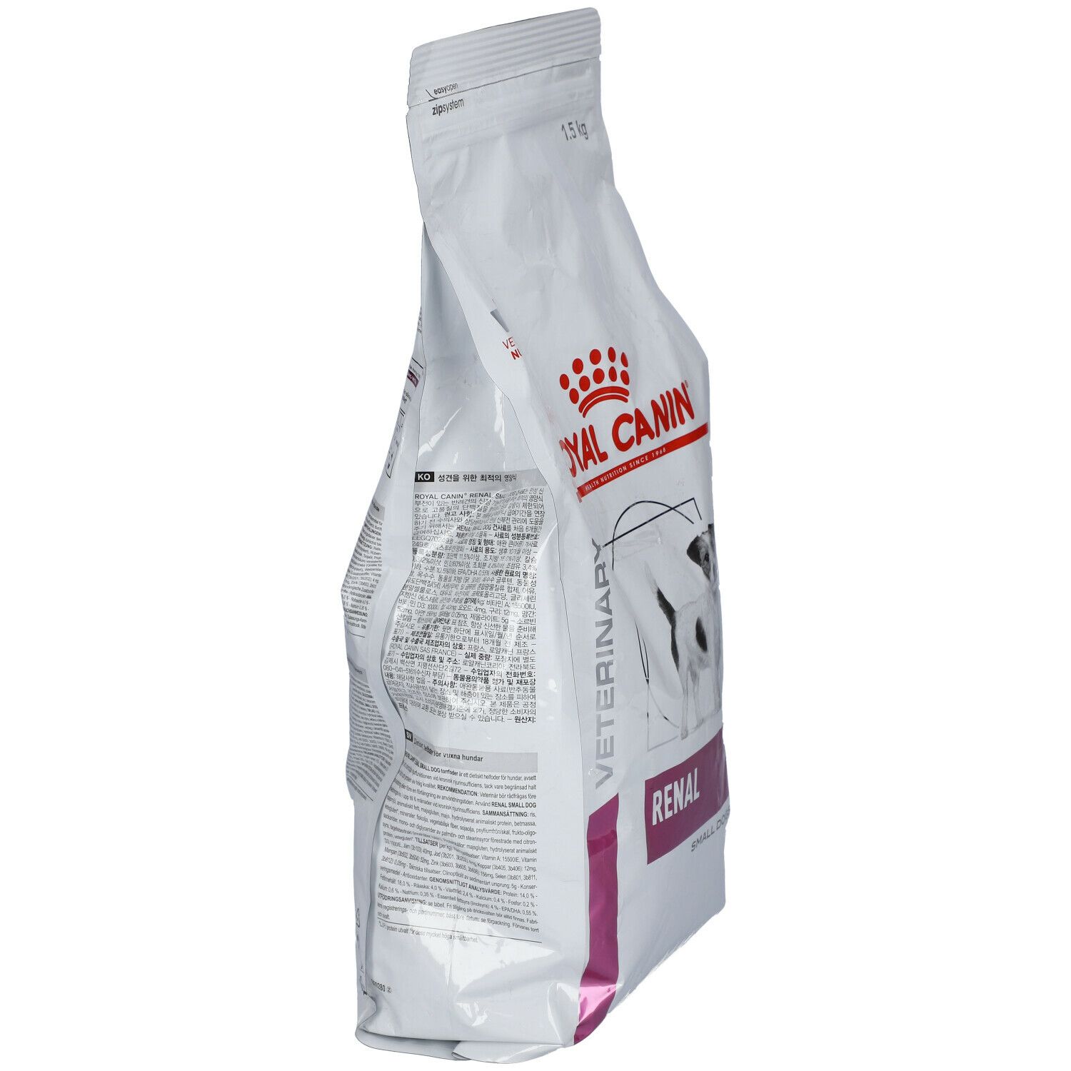 Zijaanzicht van de zak Royal Canin Renal Small Dogs. Wit, met logo en tekst.