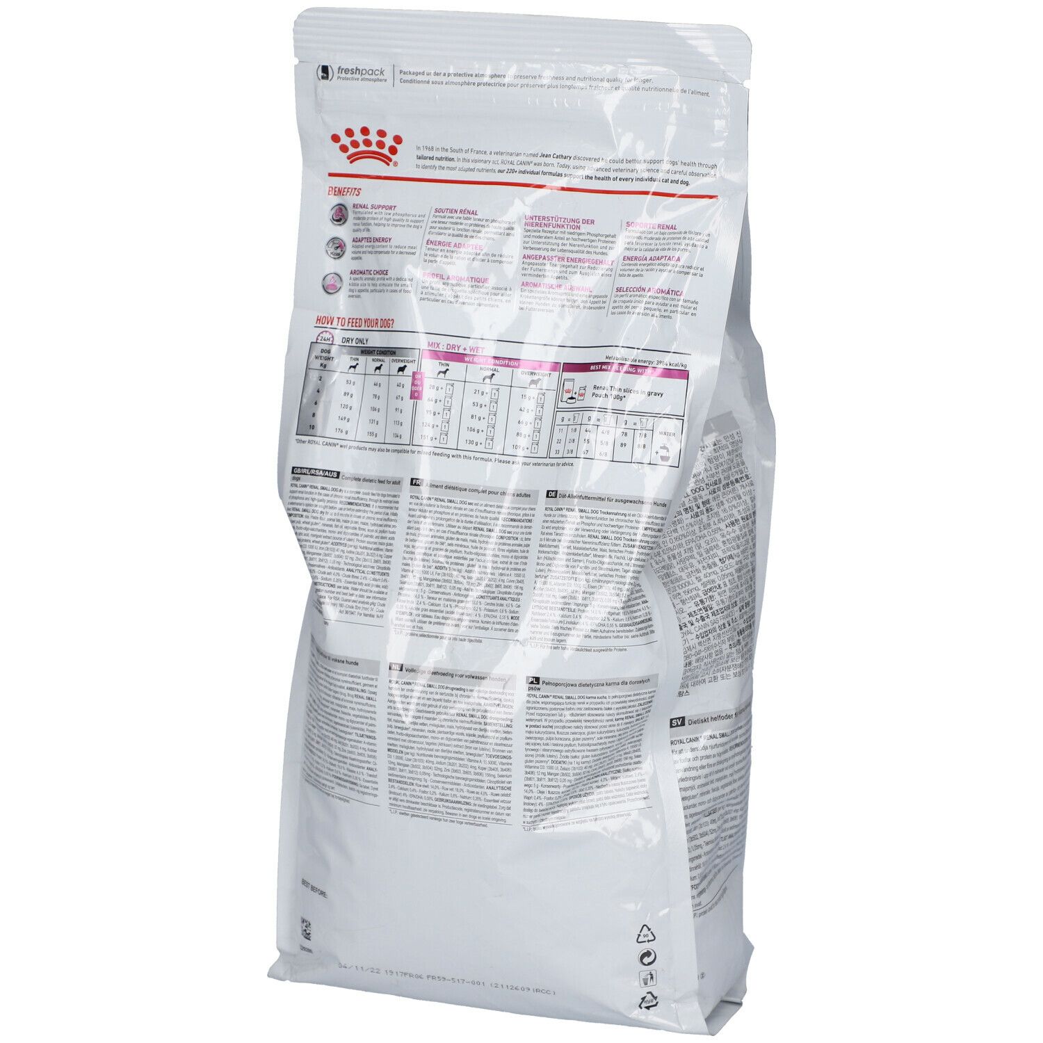 Achterkant van de zak Royal Canin Renal Small Dogs. Wit, met tekst en diagrammen.