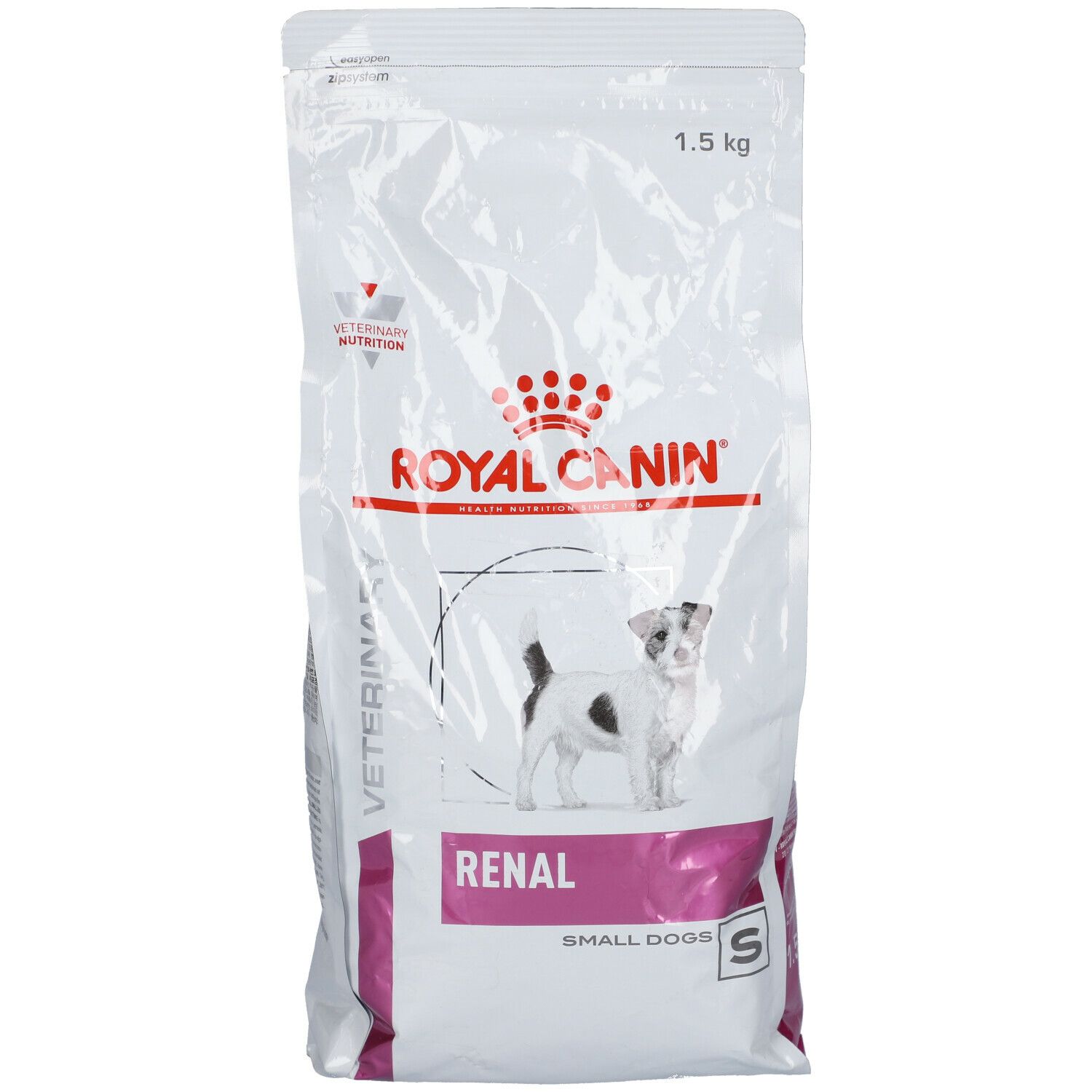 Zak Royal Canin Renal Small Dogs. Wit, met logo, hond en tekst. 1,5 kg.