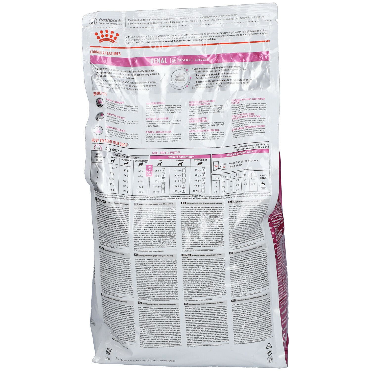 Transparante zak met tekst en afbeeldingen. Opschrift "Royal Canin" en "Renal Small Dogs". Roze en witte kleuren.