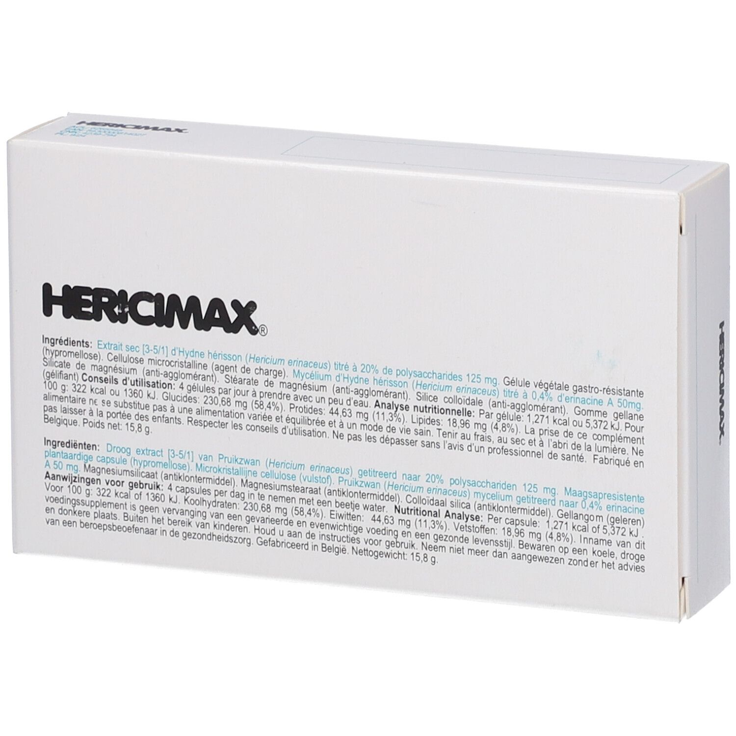 Boîte blanche HERİCİMAX. Dos avec ingrédients et informations nutritionnelles en plusieurs langues. Texte : Hericium erinaceus.