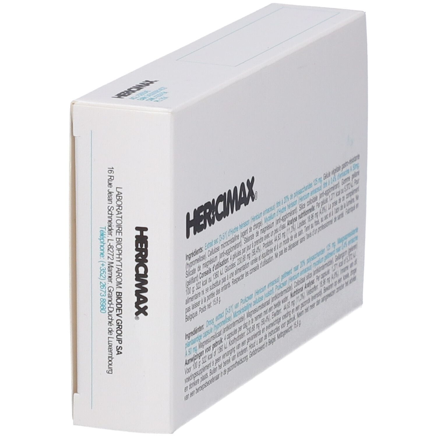 Boîte blanche HERİCİMAX. Vue latérale avec texte et logo. Inscription : LABORATOIRE BIOPHYTAROM.