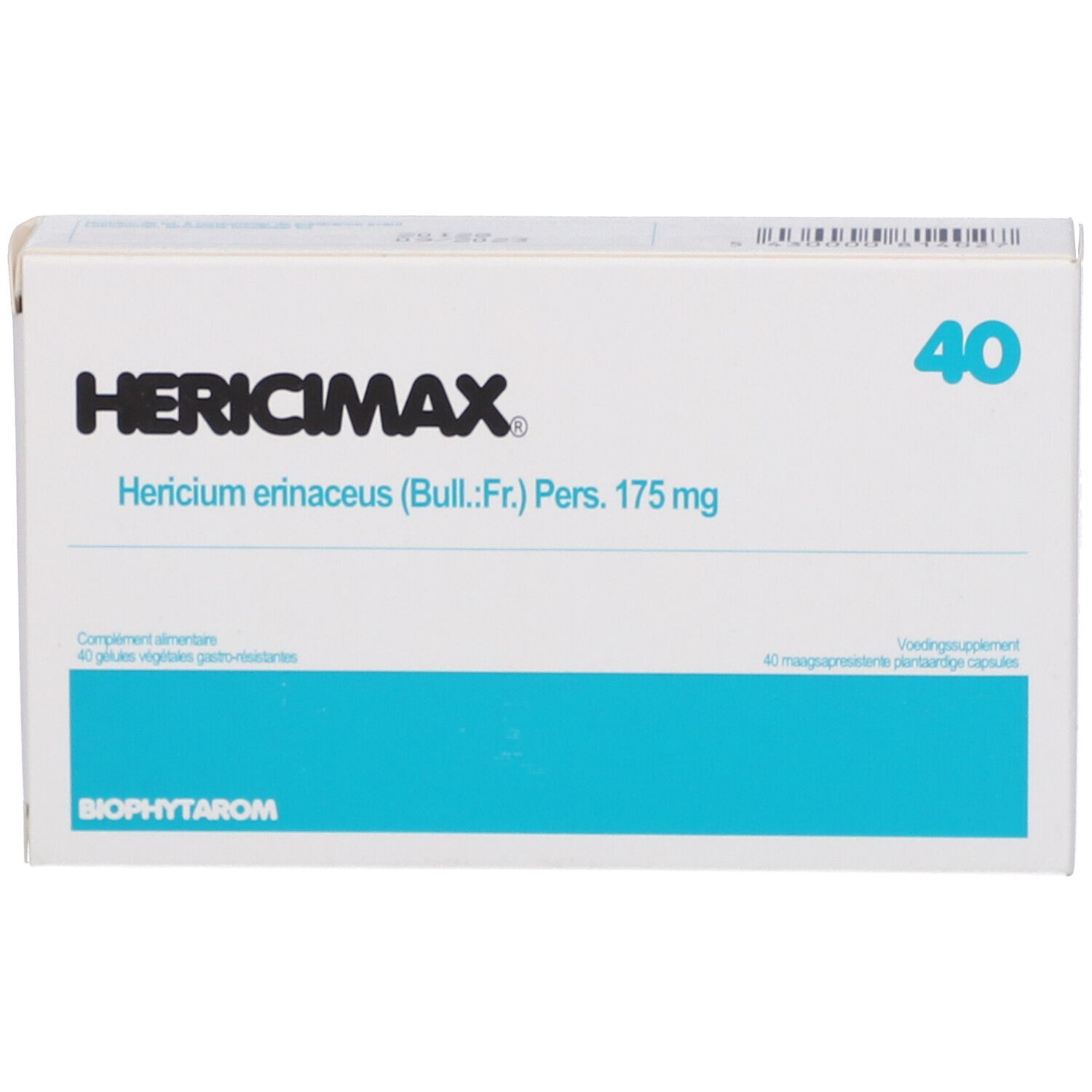 Boîte blanche HERİCİMAX avec inscription "40". Contient des gélules. Inscription : Hericium erinaceus (Bull.:Fr.) Pers. 175 mg.
