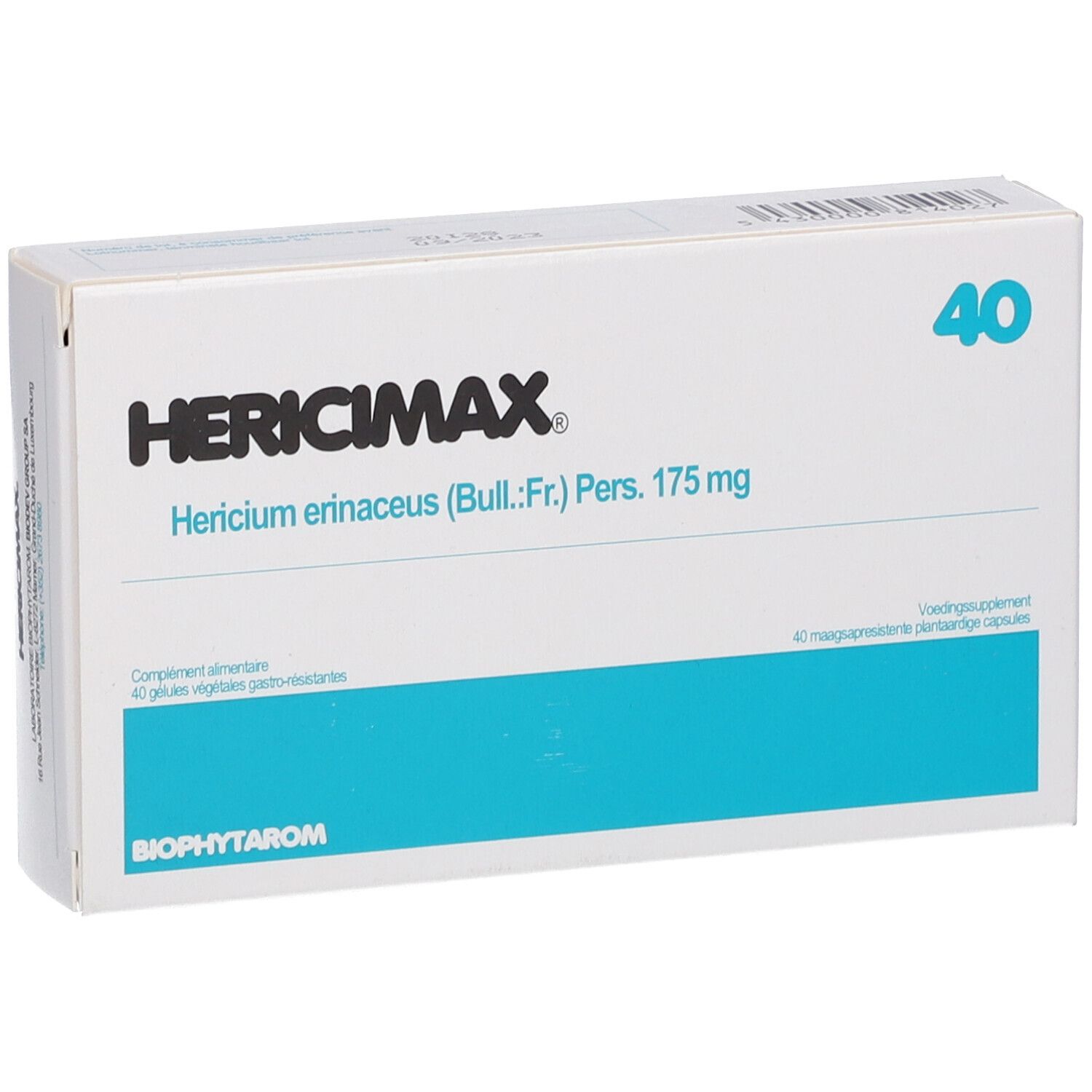 Boîte blanche HERİCİMAX avec inscription "40". Contient des gélules. Inscription : Hericium erinaceus (Bull.:Fr.) Pers. 175 mg.
