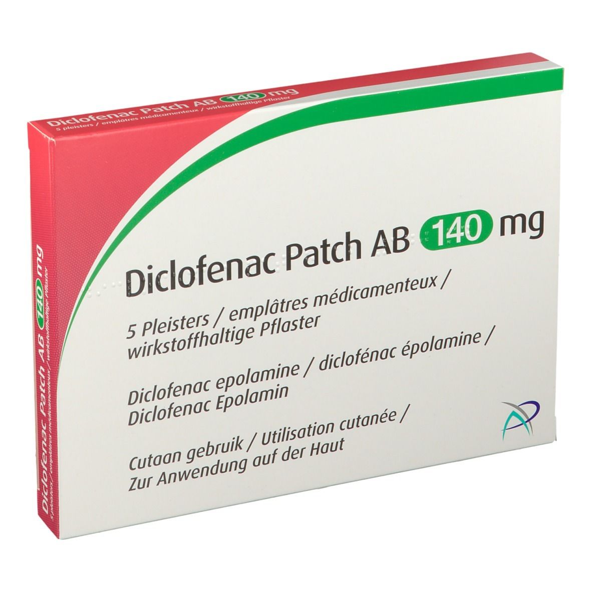 Verpakking van Diclofenac Patch AB 140 mg. Bevat 5 pleisters. Wit, rood en groen.