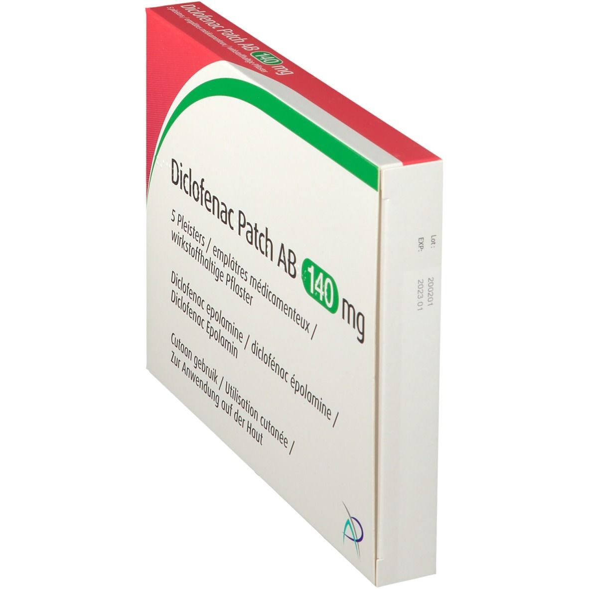 Schuine verpakking van Diclofenac Patch AB 140 mg. Wit, rood en groen. Tekst: 5 pleisters.