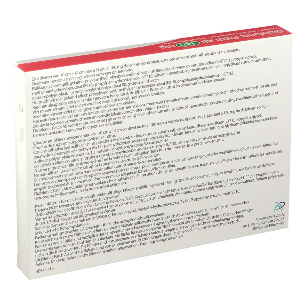 Achterkant van de verpakking van Diclofenac Patch AB 140 mg. Meertalige tekst. Bevat productinformatie.