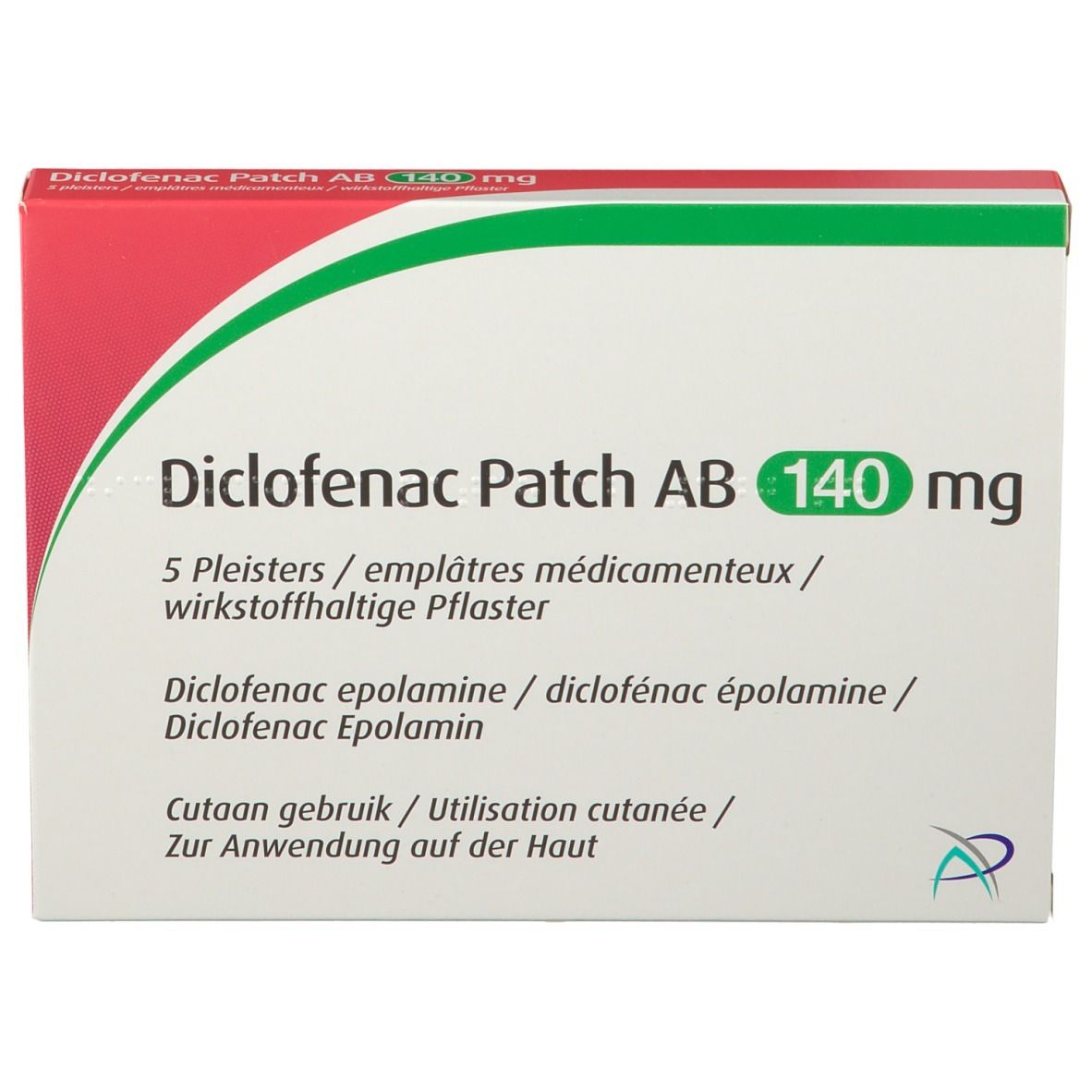 Verpakking van Diclofenac Patch AB 140 mg. Bevat 5 pleisters. Wit, rood en groen. Tekst.