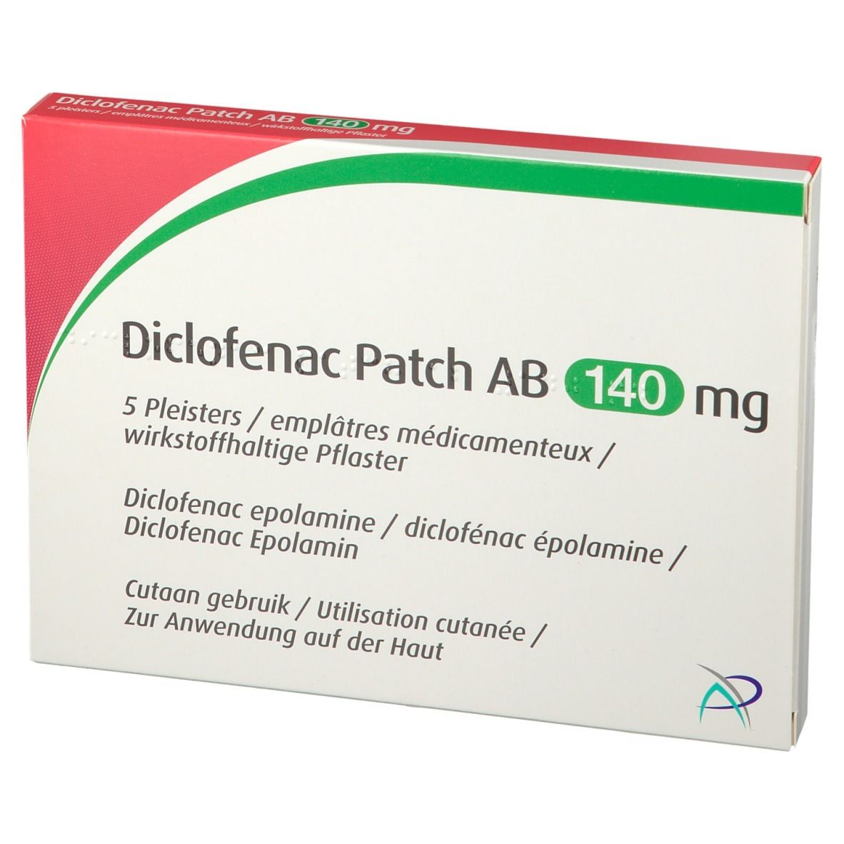 Verpakking van Diclofenac Patch AB 140 mg. Bevat 5 pleisters. Wit, rood en groen. Tekst.