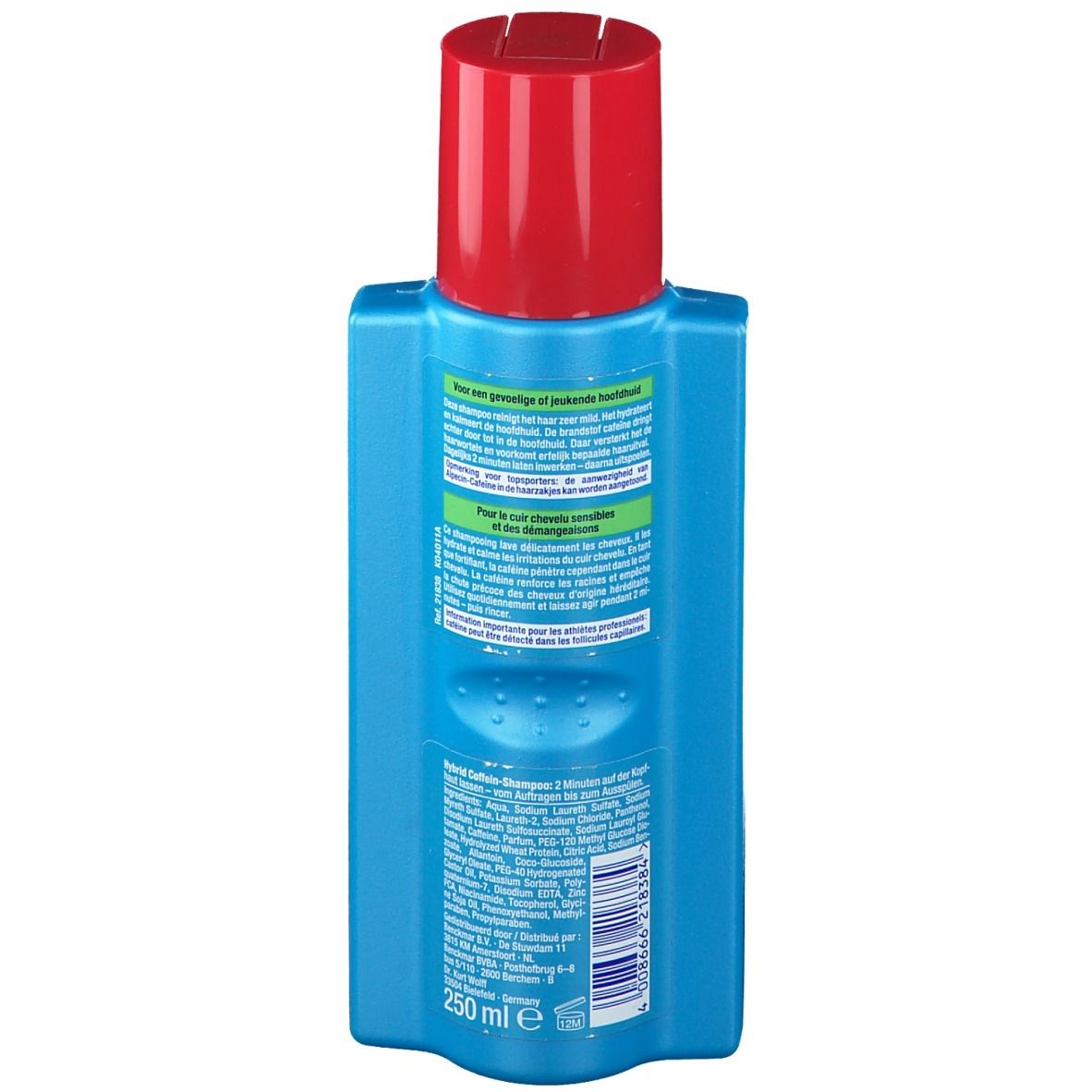Achterkant blauwe fles met rode dop. Tekst in meerdere talen. 250 ml.