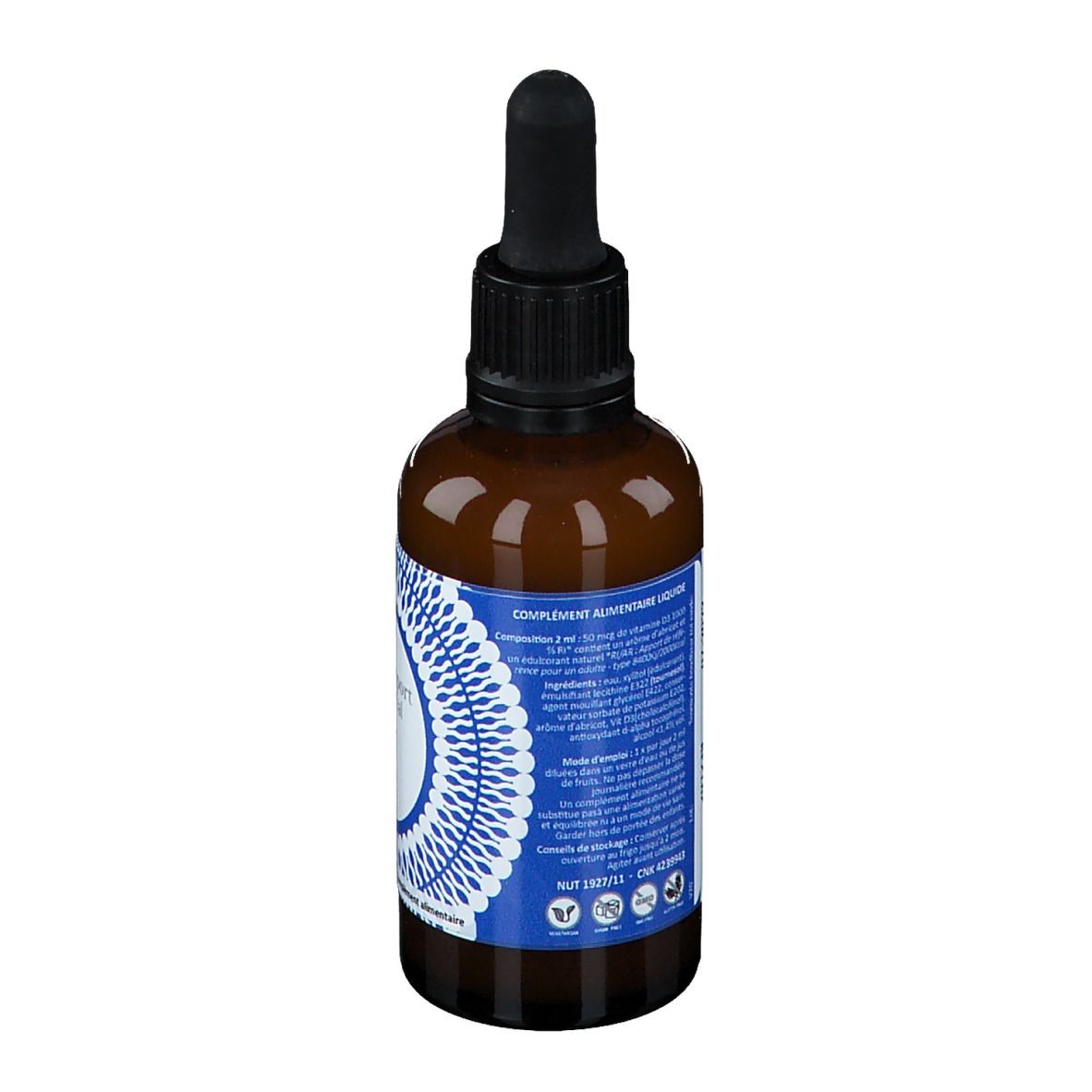 Bruine glazen fles met zwarte dop en pipet. Achterkant met blauwe tekst op witte achtergrond.