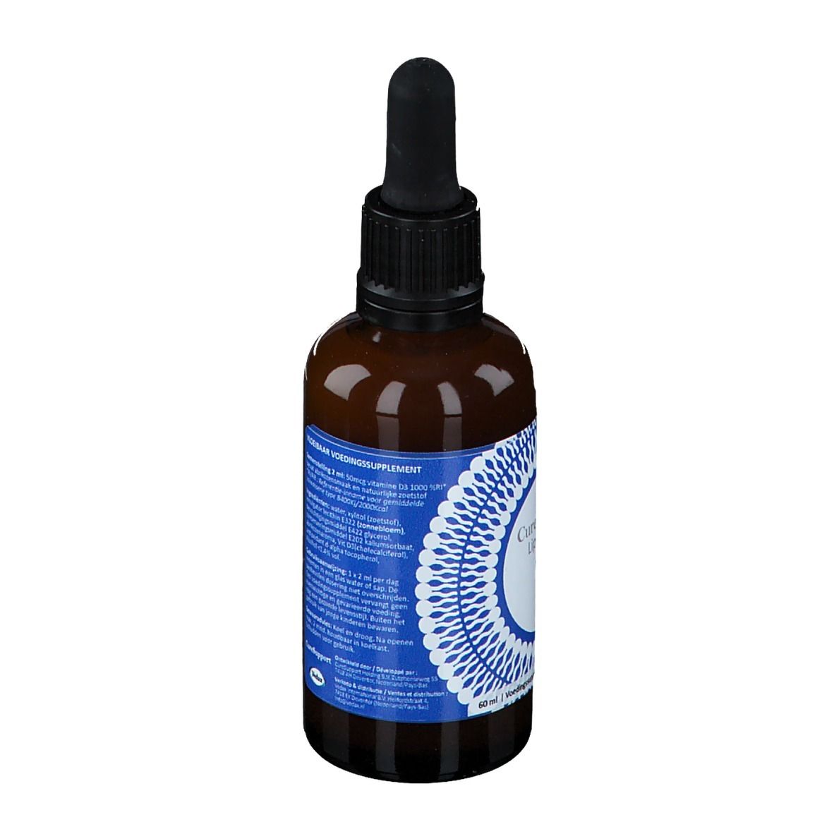 Bruine glazen fles met zwarte dop en pipet. Blauw-wit etiket met tekst. 60 ml.
