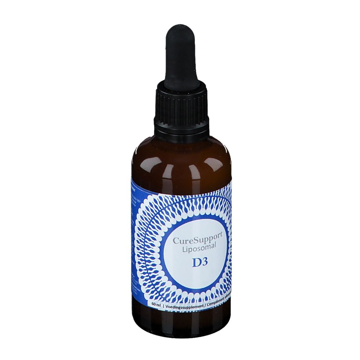 Bruine glazen fles met zwarte dop en pipet. Blauw-wit etiket met CureSupport Liposomal D3.