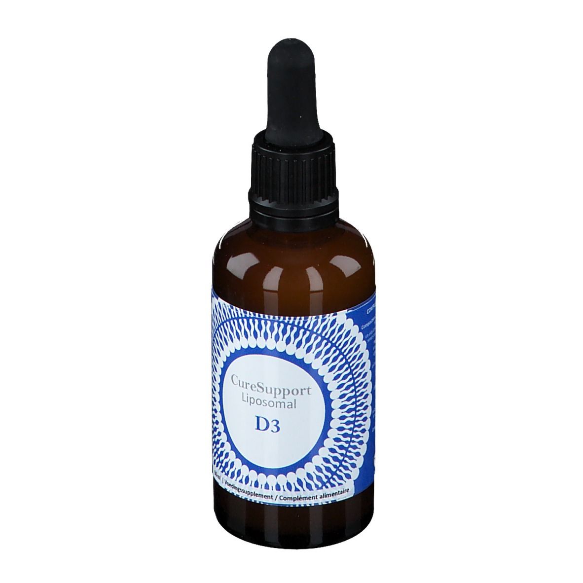 Bruine glazen fles met zwarte dop en pipet. Blauw-wit etiket met CureSupport Liposomal D3.