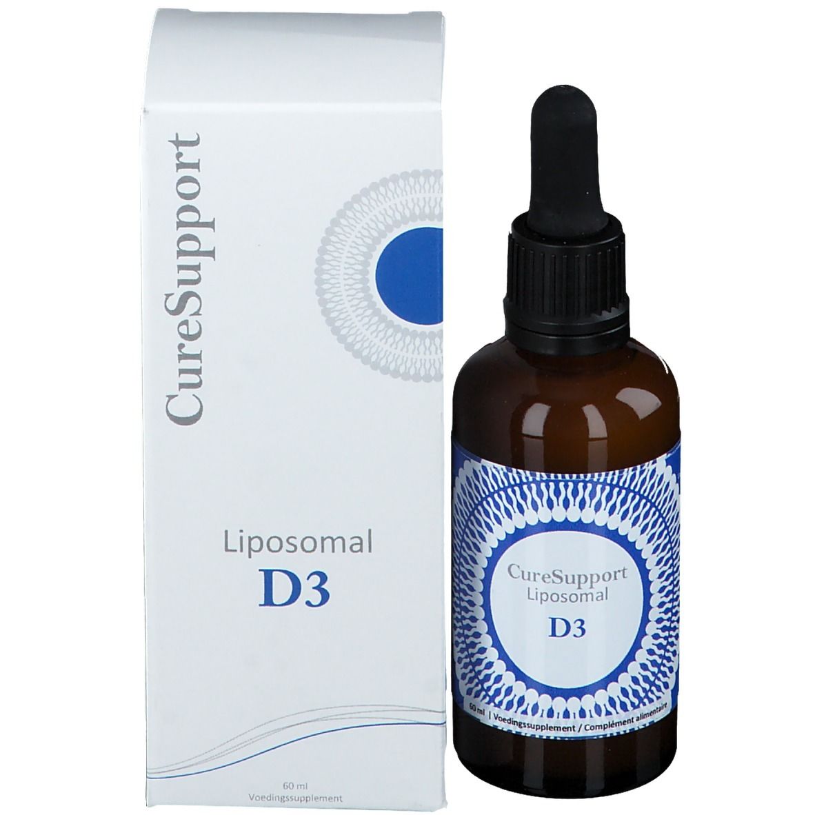 Bruine glazen fles met zwarte dop en pipet naast witte doos. Op de doos: CureSupport Liposomal D3.