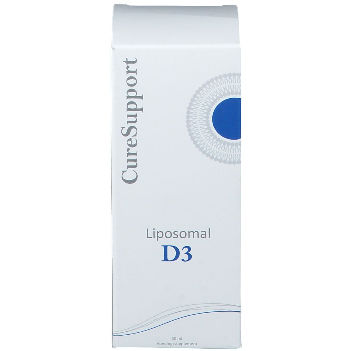 Witte doos met blauwe cirkel en CureSupport, Liposomal D3. 60 ml.