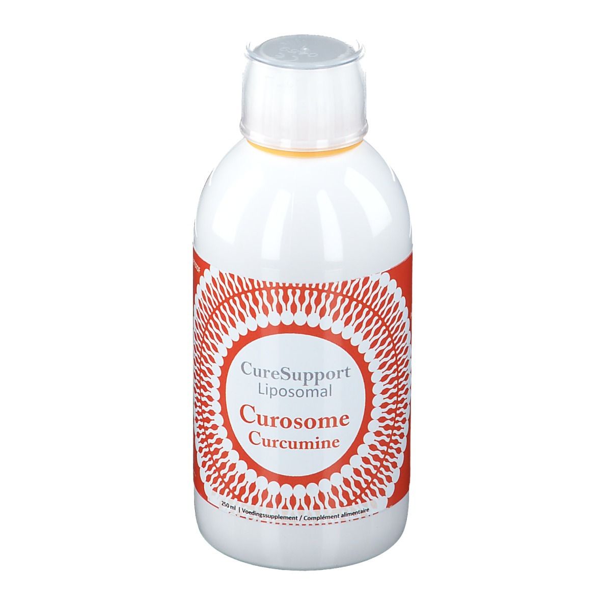 Witte fles met rood etiket. Opschrift: CureSupport Liposomal Curosome Curcumine.