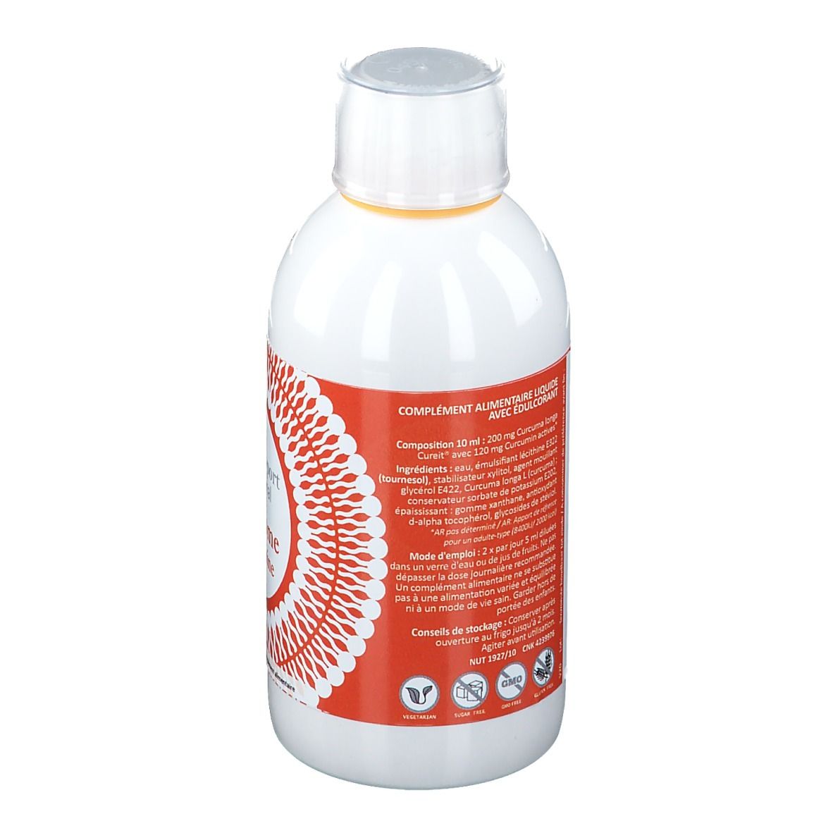 Achterkant van een witte fles met rood etiket. Tekst in het Frans.
