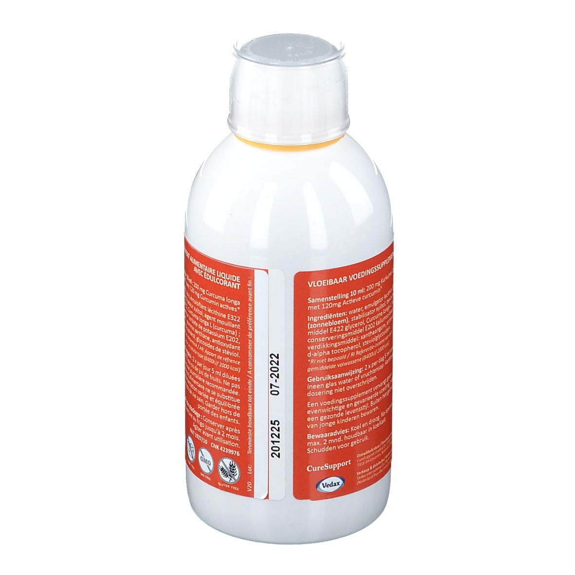 Achterkant van een witte fles met rood etiket. Tekst in het Nederlands.