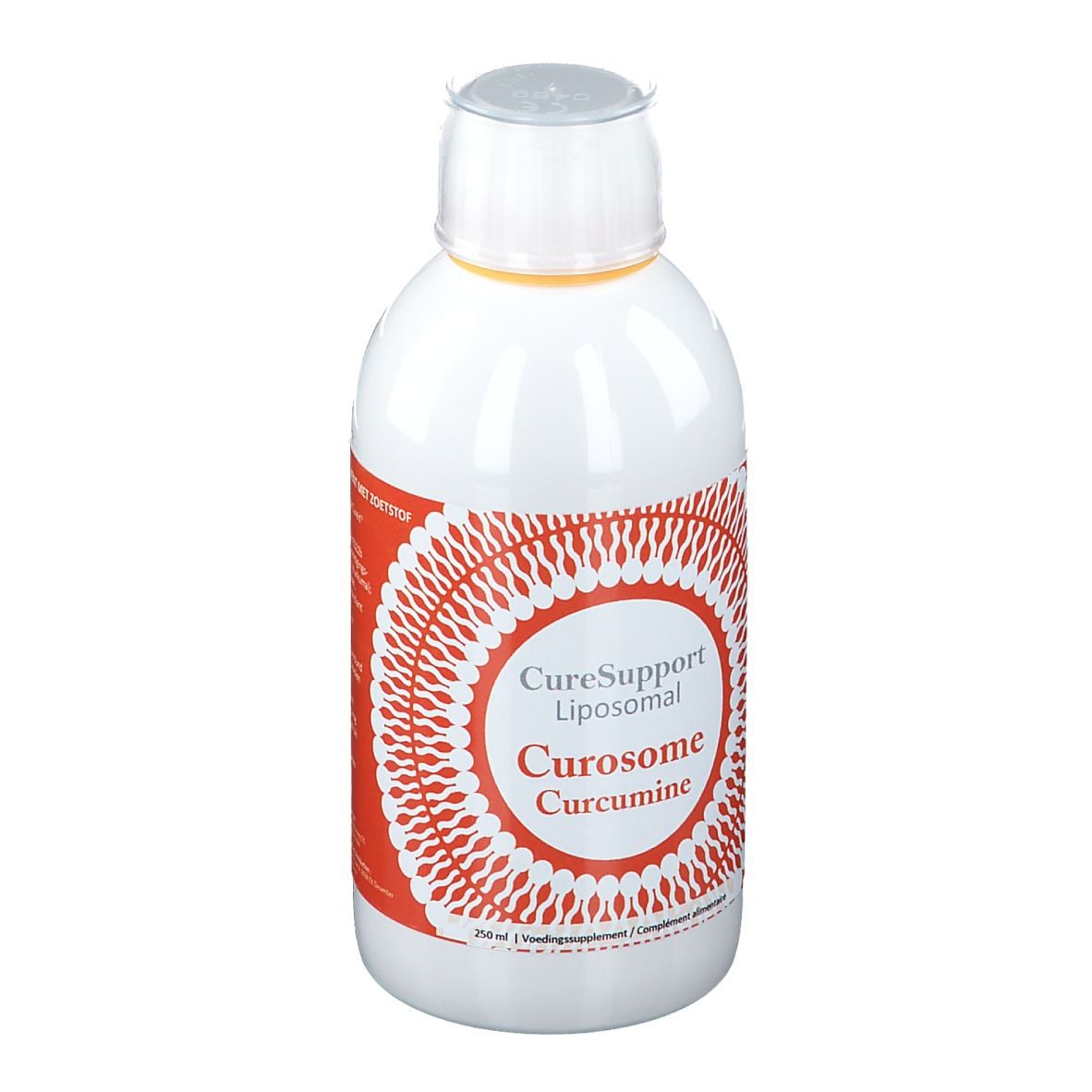 Witte fles met rood etiket. Opschrift: CureSupport Liposomal Curosome Curcumine.