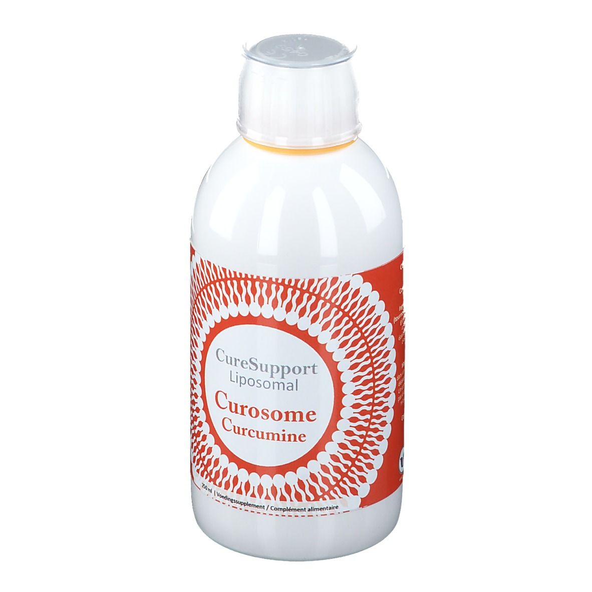 Witte fles met rood etiket. Opschrift: CureSupport Liposomal Curosome Curcumine.