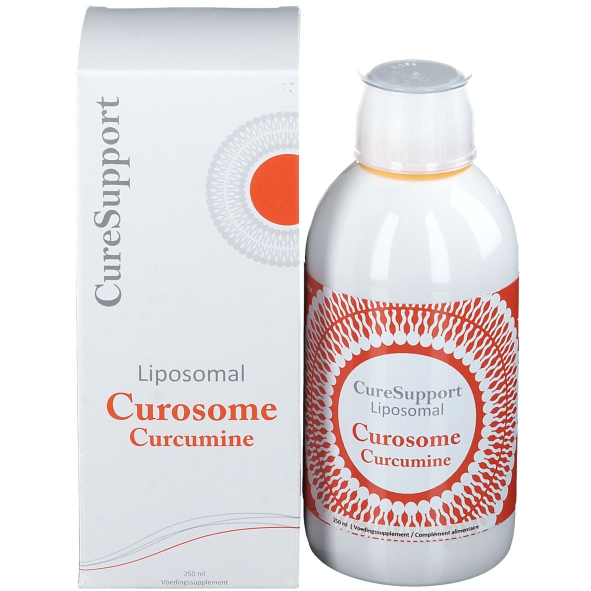 Witte fles en doos. Opschrift: CureSupport Liposomal Curosome Curcumine.