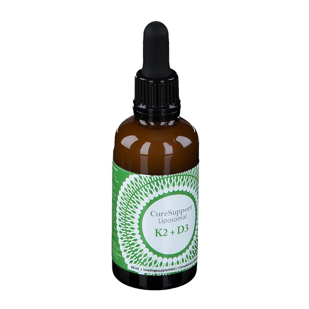 Bruine glazen fles met zwarte dop en pipet. Groen-wit etiket met tekst: CureSupport Liposomal K2 + D3.