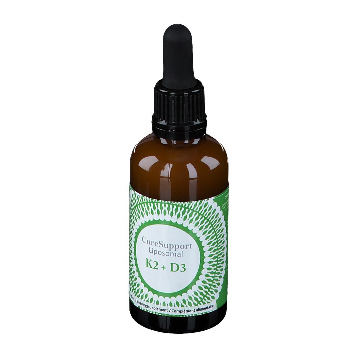 Bruine glazen fles met zwarte dop en pipet. Groen-wit etiket met tekst: CureSupport Liposomal K2 + D3.