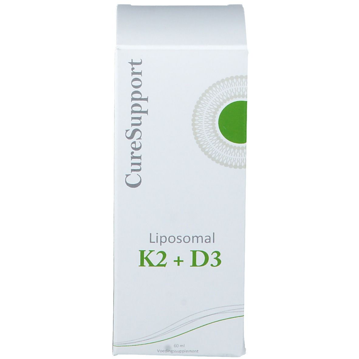 Witte verpakking met tekst: CureSupport Liposomal K2 + D3.