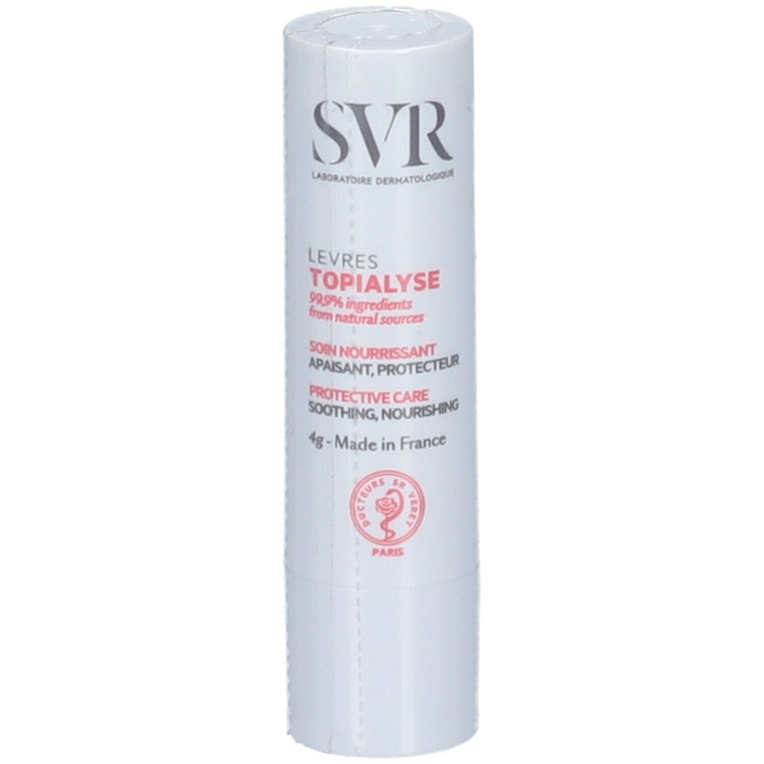 Stick à lèvres blanc avec texte rouge et noir. SVR en haut, LEVRES TOPIALYSE en dessous.