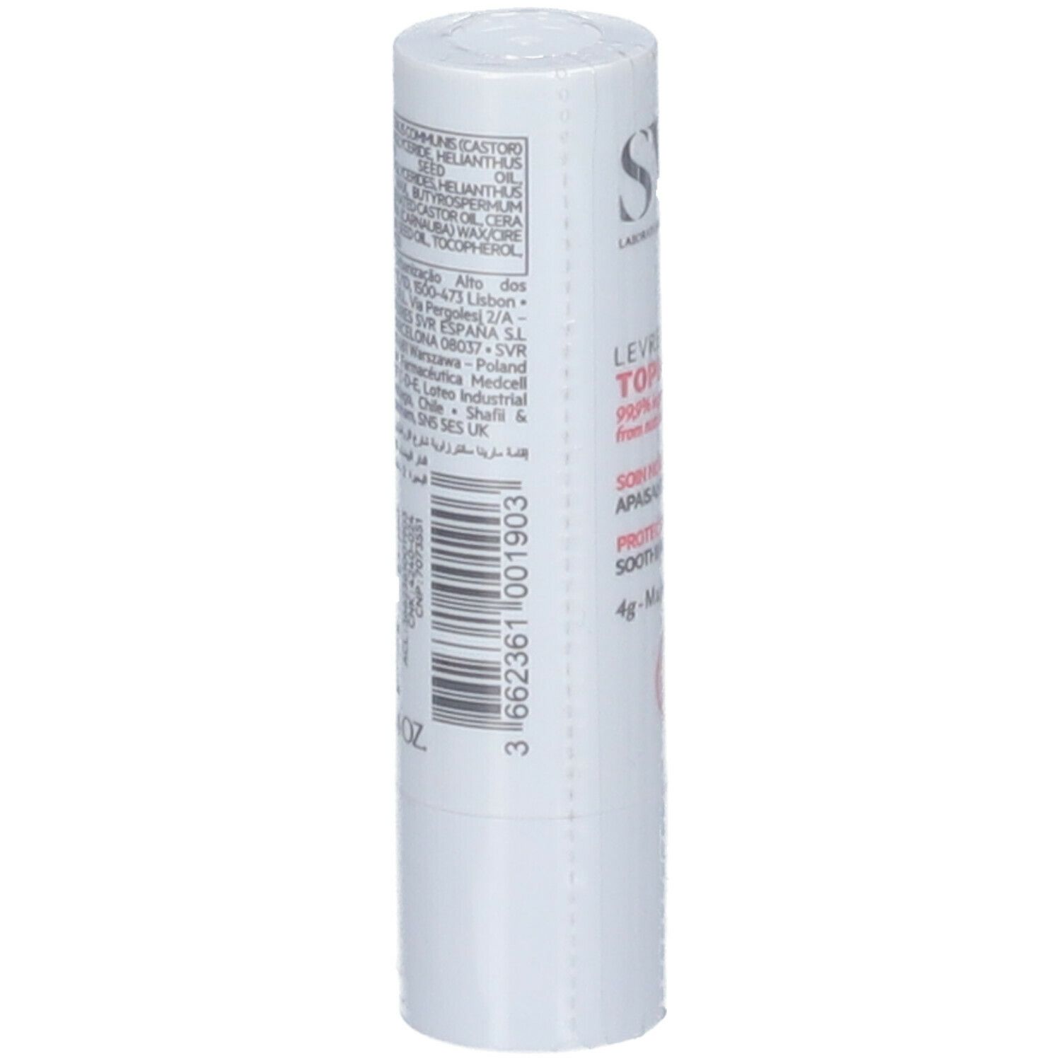 Stick à lèvres blanc avec texte sur le côté. Code-barres et ingrédients visibles.