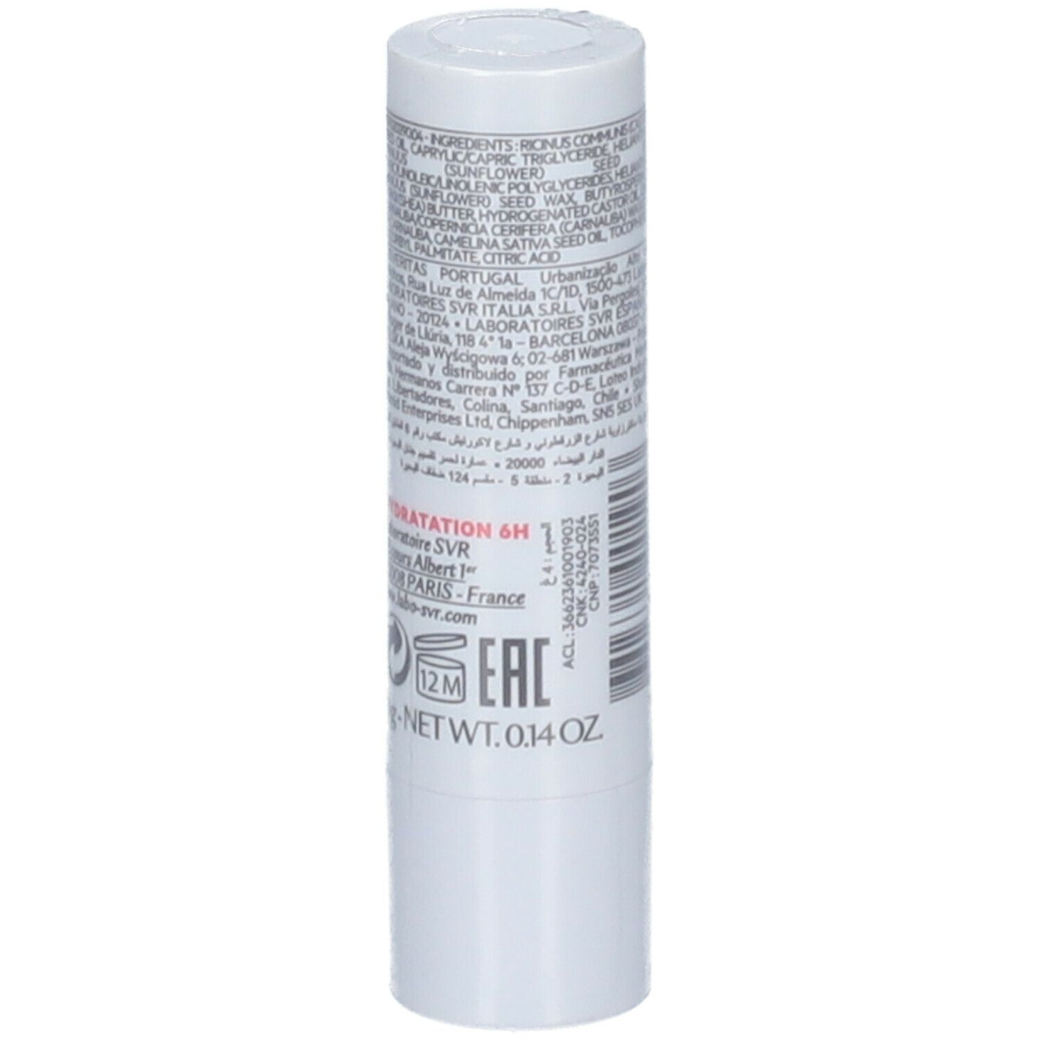 Stick à lèvres blanc avec texte sur le côté. Ingrédients, poids net et logo visibles.