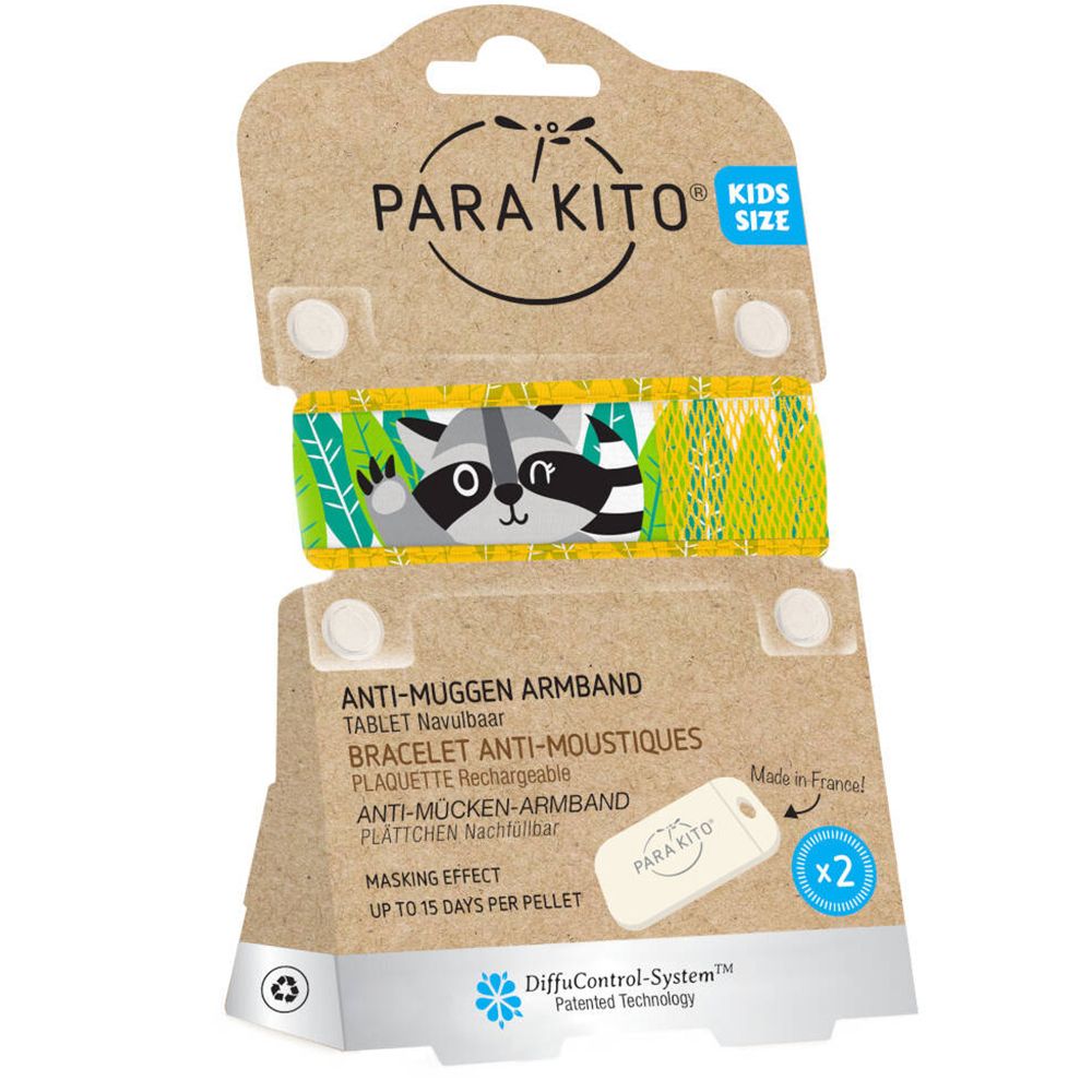 Anti-muggen armband voor kinderen, racoon-motief, verpakking. Merk Para'Kito. 2 navullingen inbegrepen.
