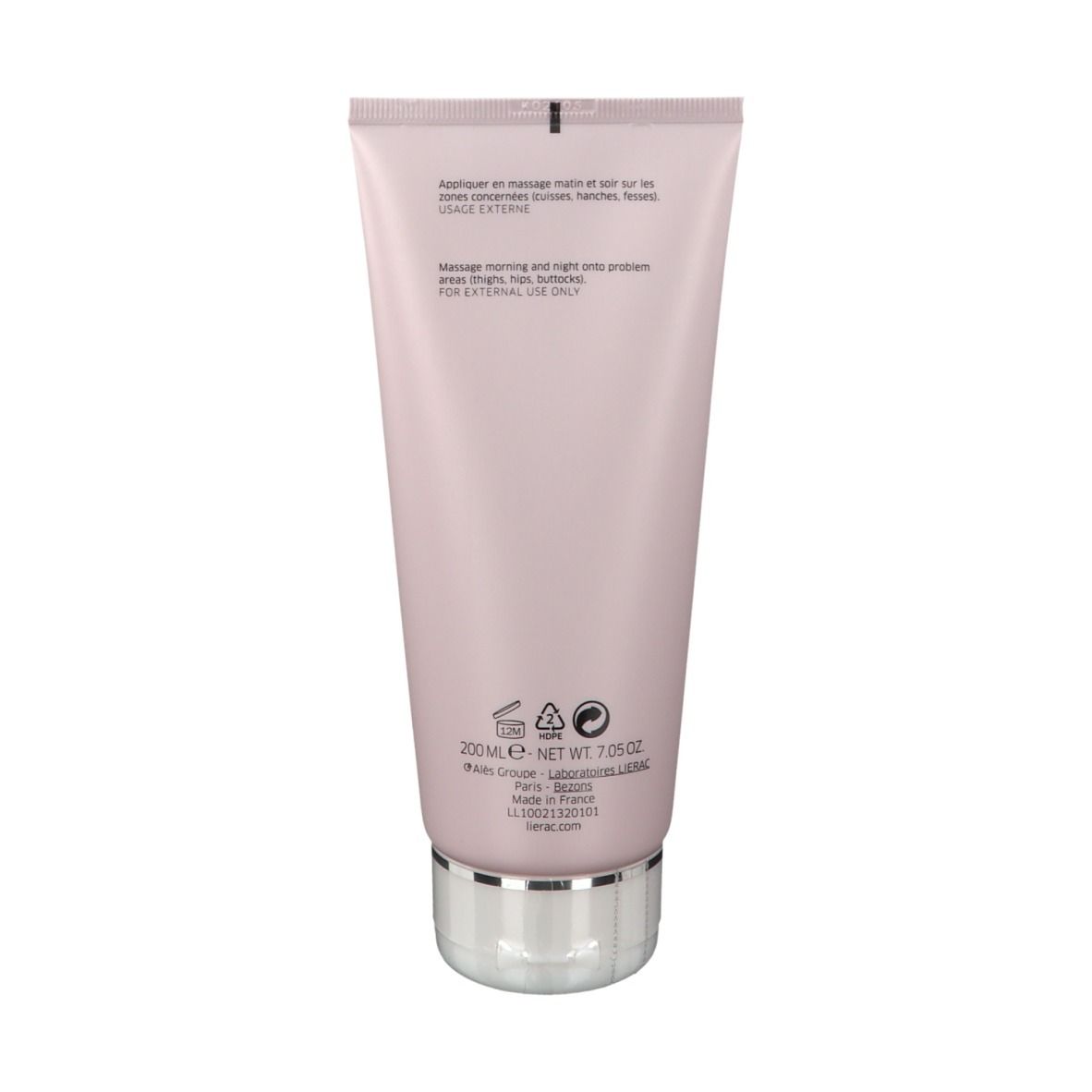 Achterkant van de roze tube. Tekst: gebruiksaanwijzing, 200 ml, ingrediënten, fabrikantinfo.