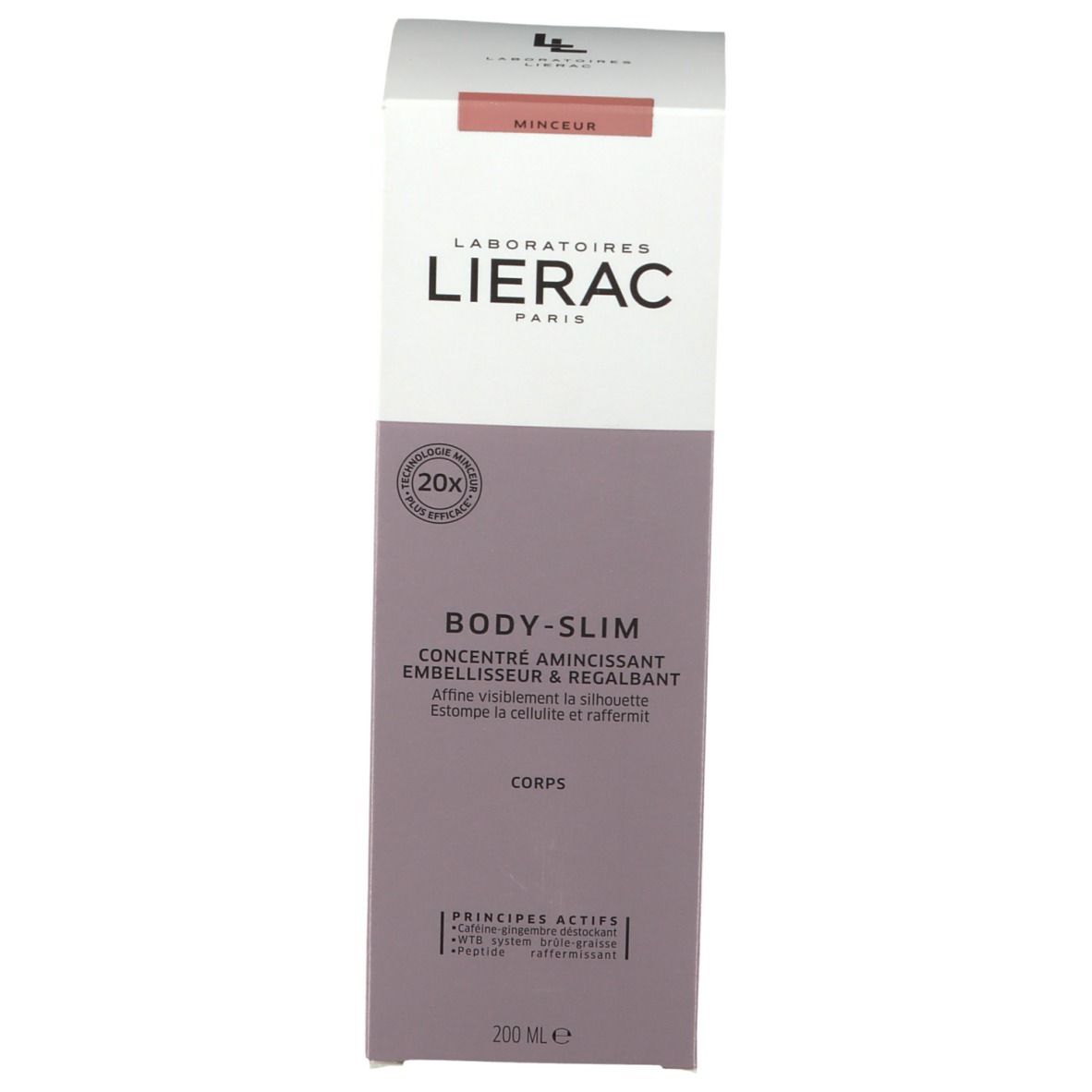Kartonnen verpakking. Tekst: Lierac Paris, Body-Slim, concentraat. 20x logo. 200 ml. Paars en wit.