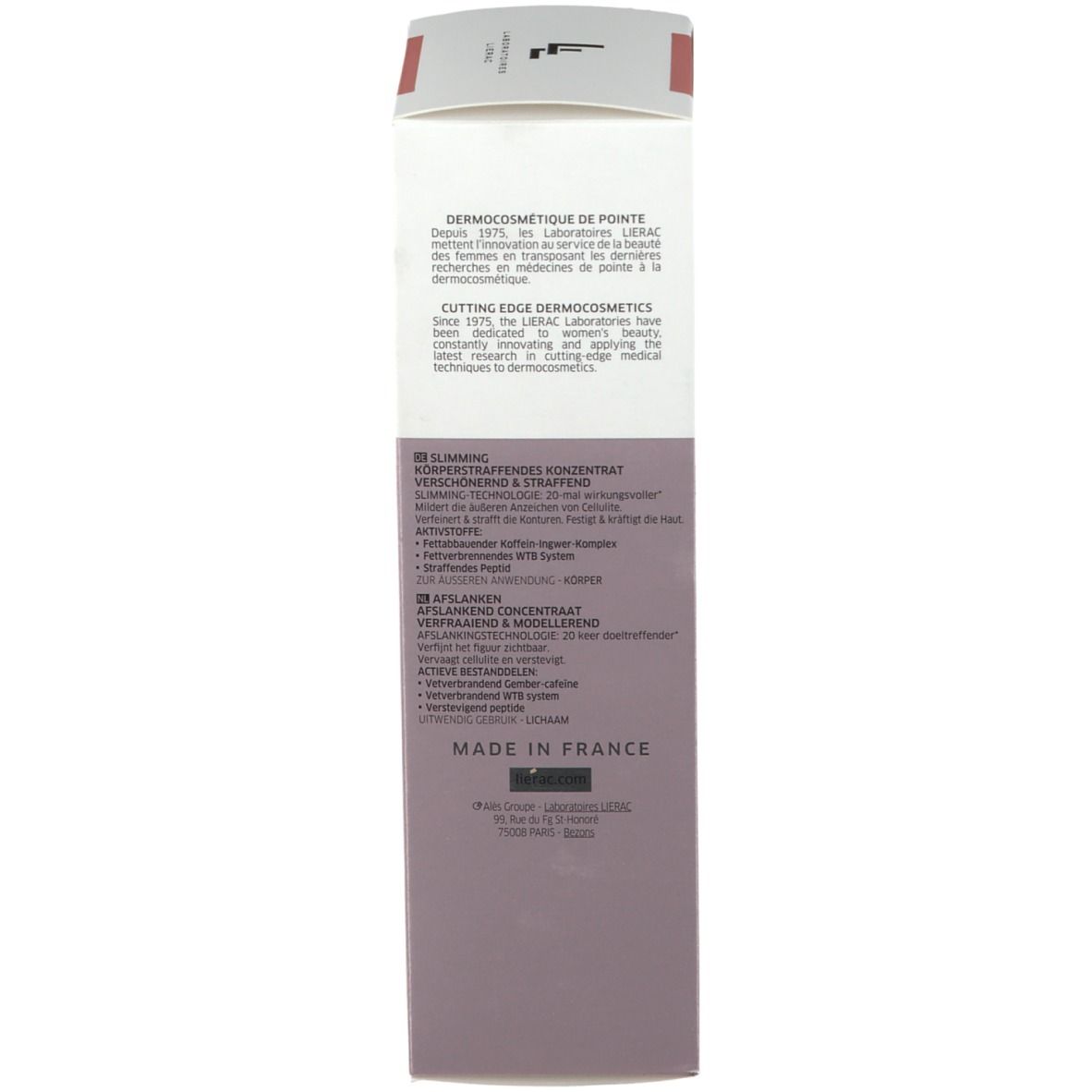Kartonnen verpakking, achterkant. Tekst: Dermocosmetica, ingrediënten, fabrikantinfo, Made in France.