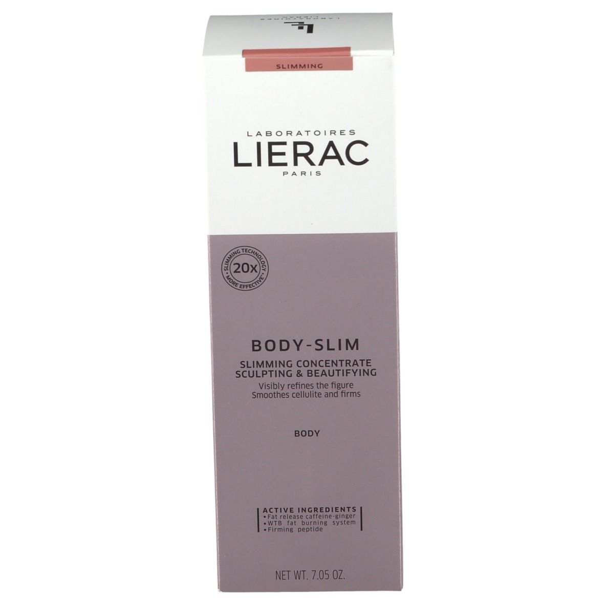 Kartonnen verpakking. Tekst: Lierac Paris, Body-Slim, concentraat. 20x logo. 7.05 oz. Paars en wit.