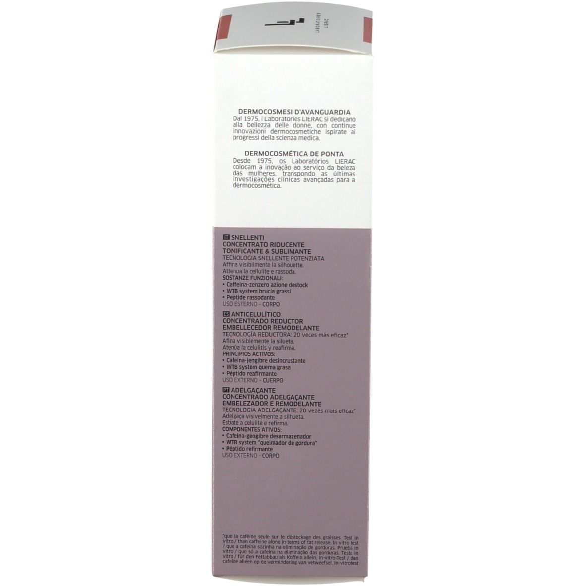 Kartonnen verpakking, achterkant. Tekst: Dermocosmetica, ingrediënten, fabrikantinfo.