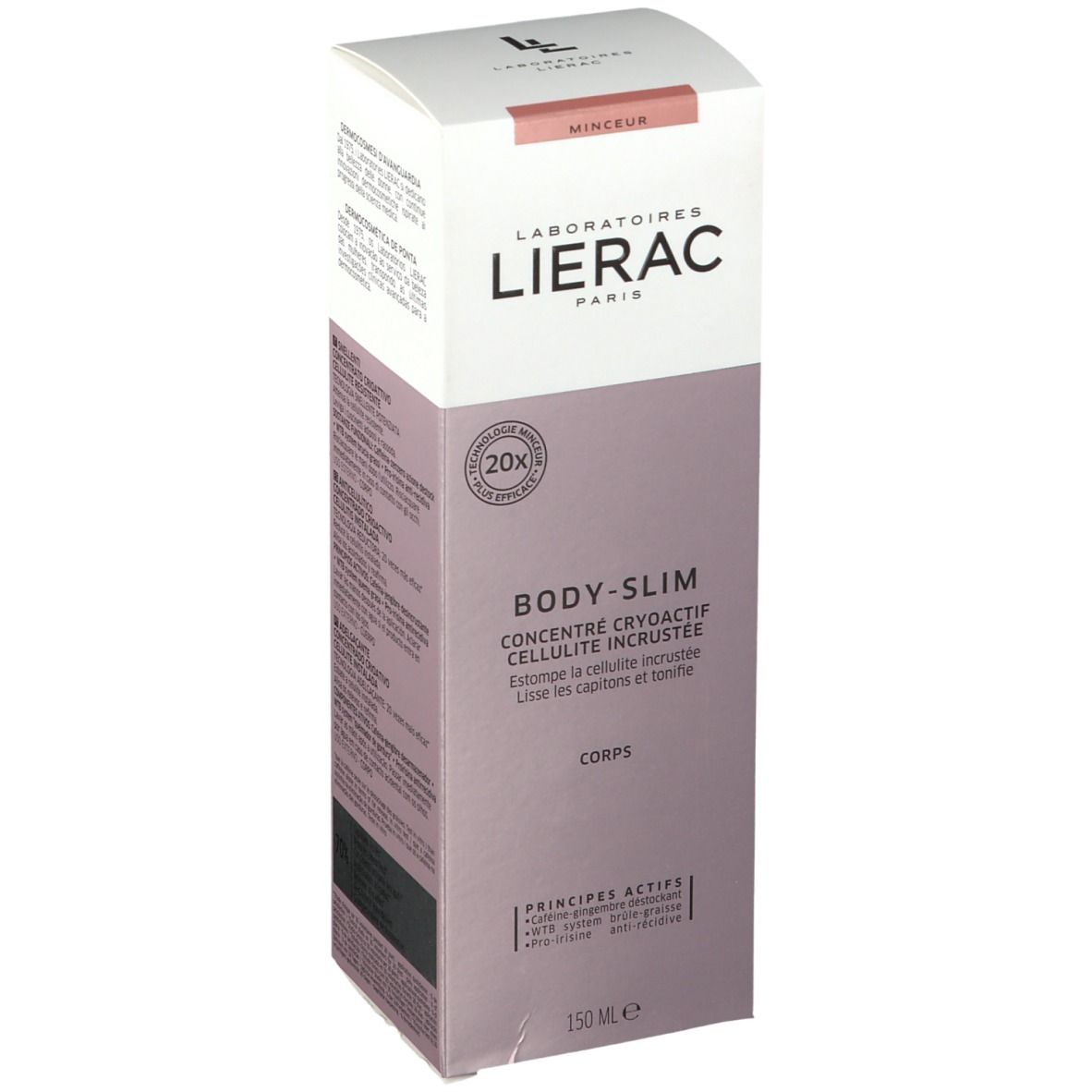 Verpakking LIERAC BODY-SLIM. Cryoactief concentraat. Wit en roze. Productnaam en merk duidelijk zichtbaar.