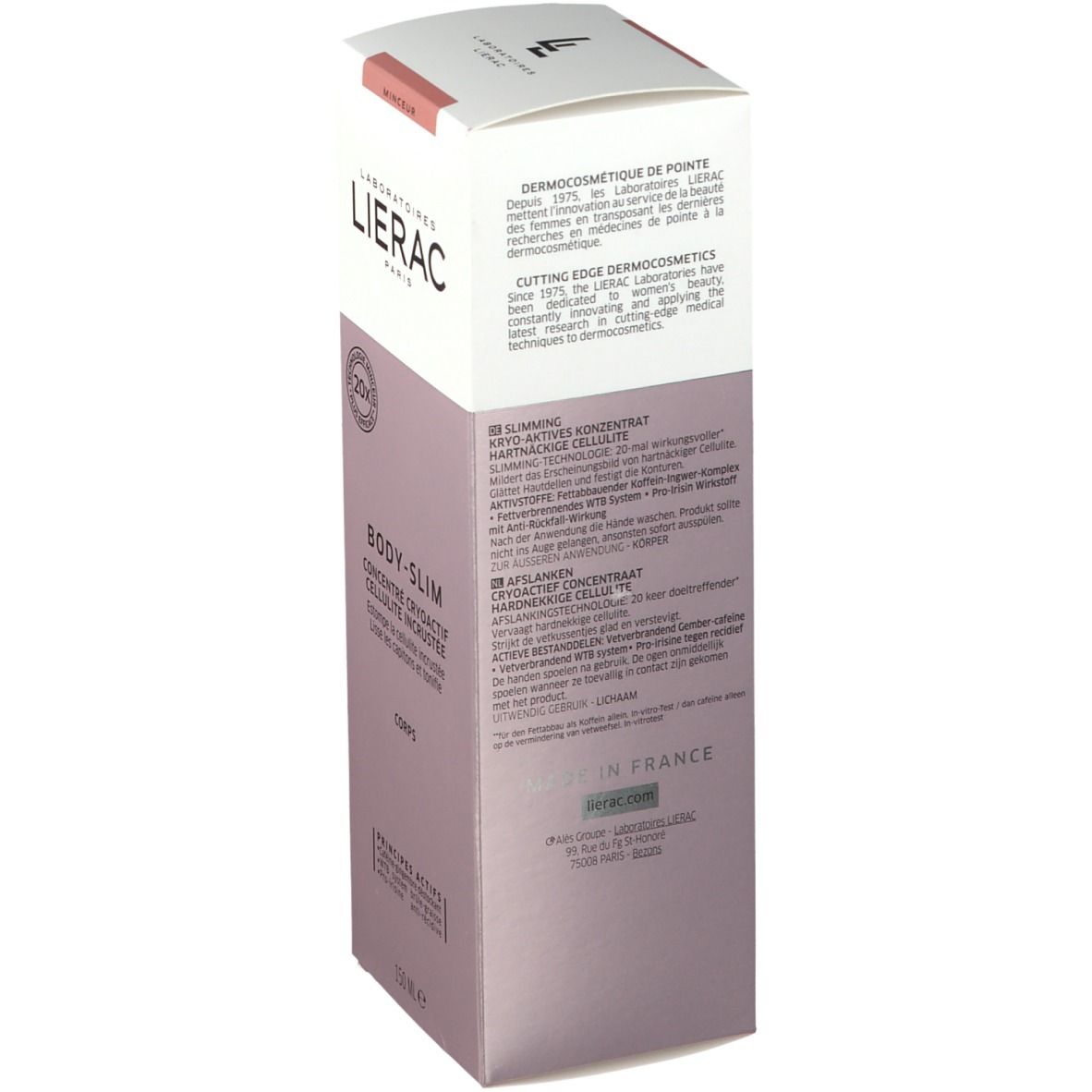 Verpakking LIERAC BODY-SLIM. Cryoactief concentraat. Tekst op verpakking. Merk en productnaam zichtbaar.