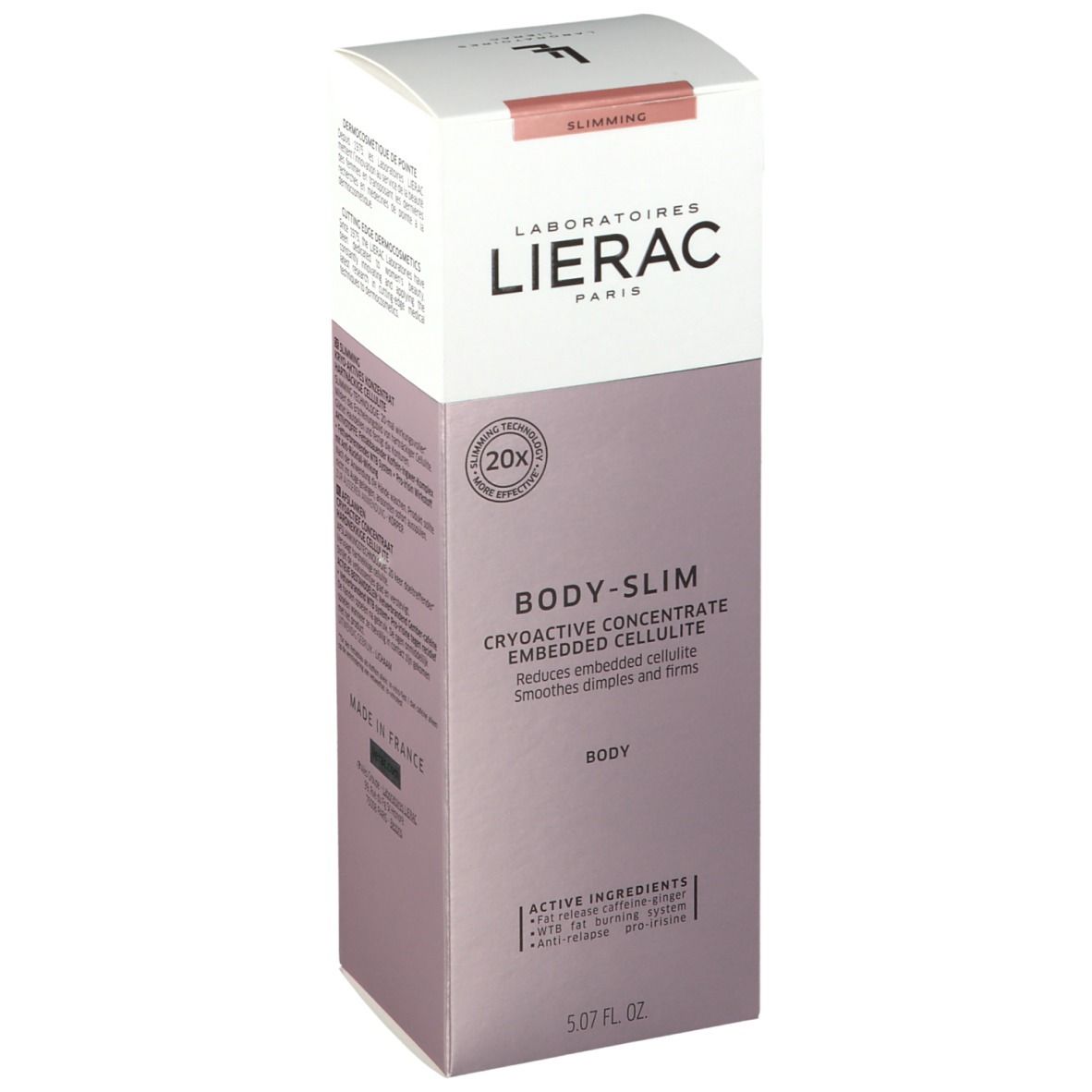 Verpakking LIERAC BODY-SLIM. Cryoactief concentraat. Tekst op verpakking. Merk en productnaam zichtbaar.