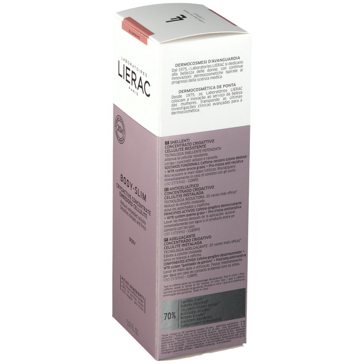 Verpakking LIERAC BODY-SLIM. Cryoactief concentraat. Tekst op verpakking. Merk en productnaam zichtbaar.