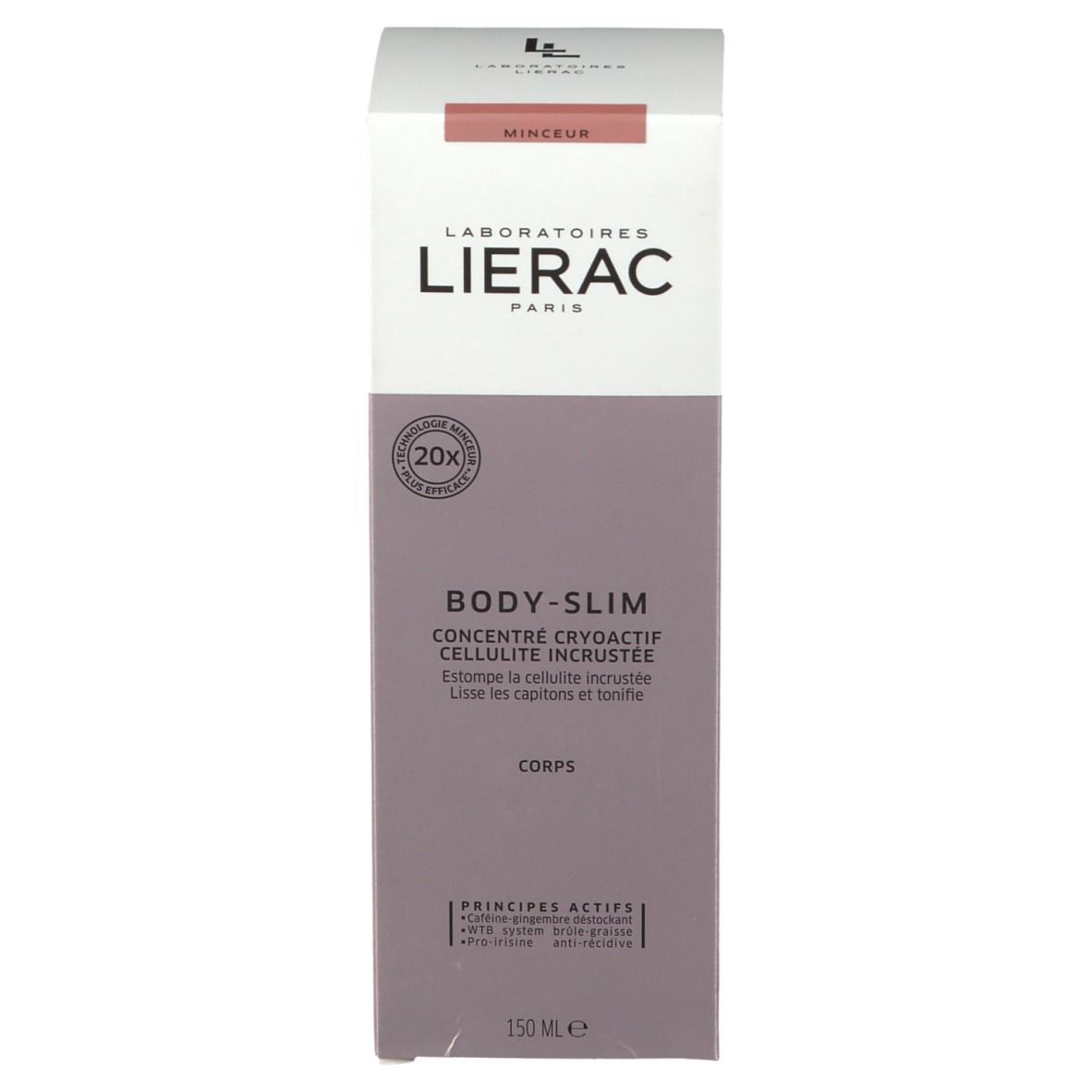 Verpakking LIERAC BODY-SLIM. Cryoactief concentraat. Tekst op verpakking. Merk en productnaam zichtbaar.