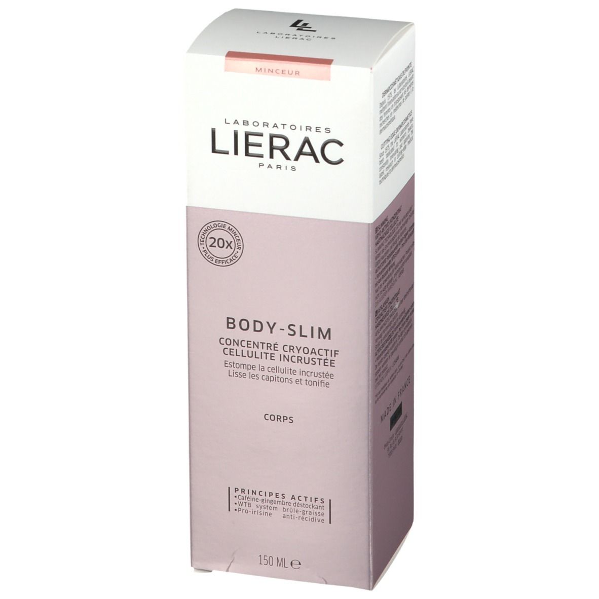 Verpakking LIERAC BODY-SLIM. Cryoactief concentraat. Tekst op verpakking. Merk en productnaam zichtbaar.