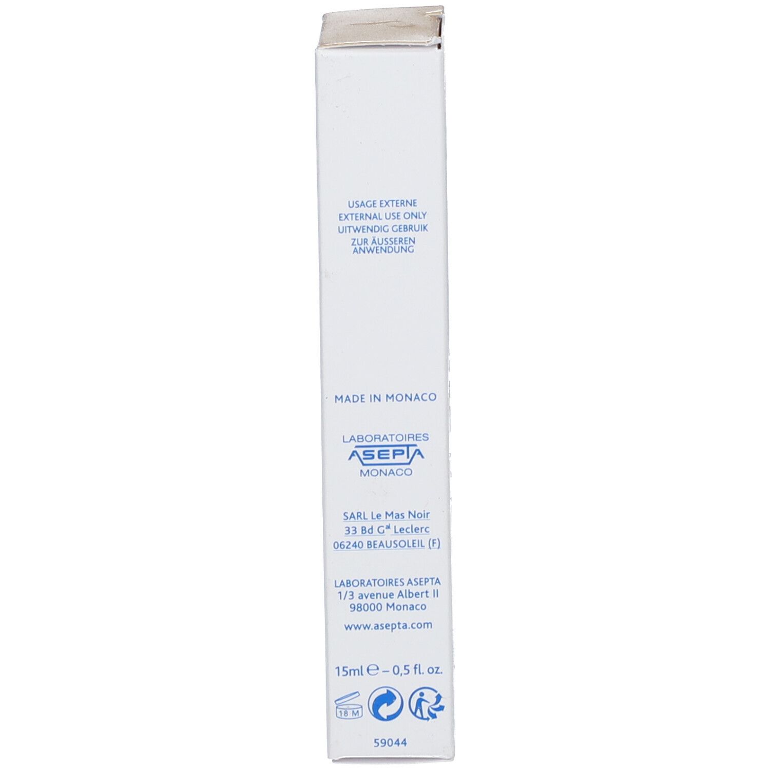 Seitenansicht der Produktverpackung. Text: Anwendungshinweise, Herstellerinformationen, 15ml.