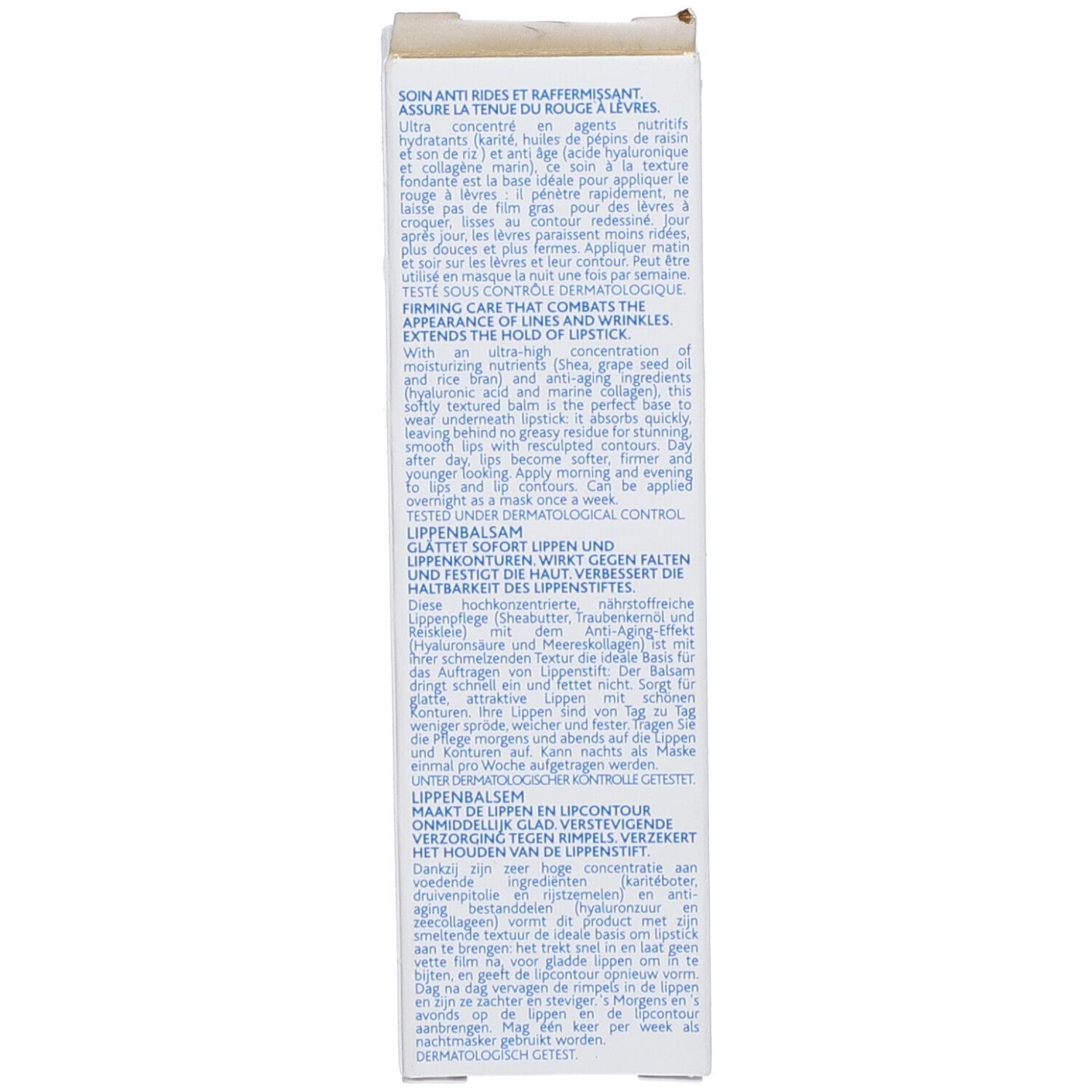 Rückseite der Produktverpackung. Text in mehreren Sprachen: Produktbeschreibung, Inhaltsstoffe, dermatologisch getestet.