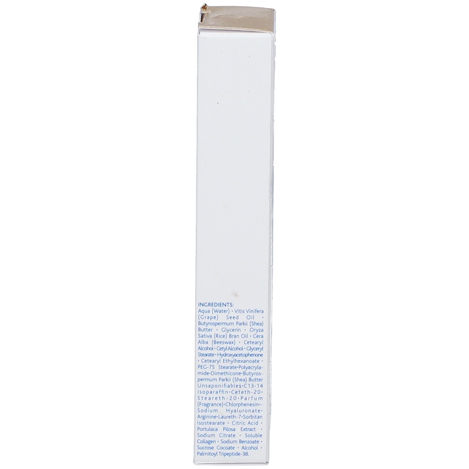 Seitenansicht der Produktverpackung. Auflistung der Inhaltsstoffe.