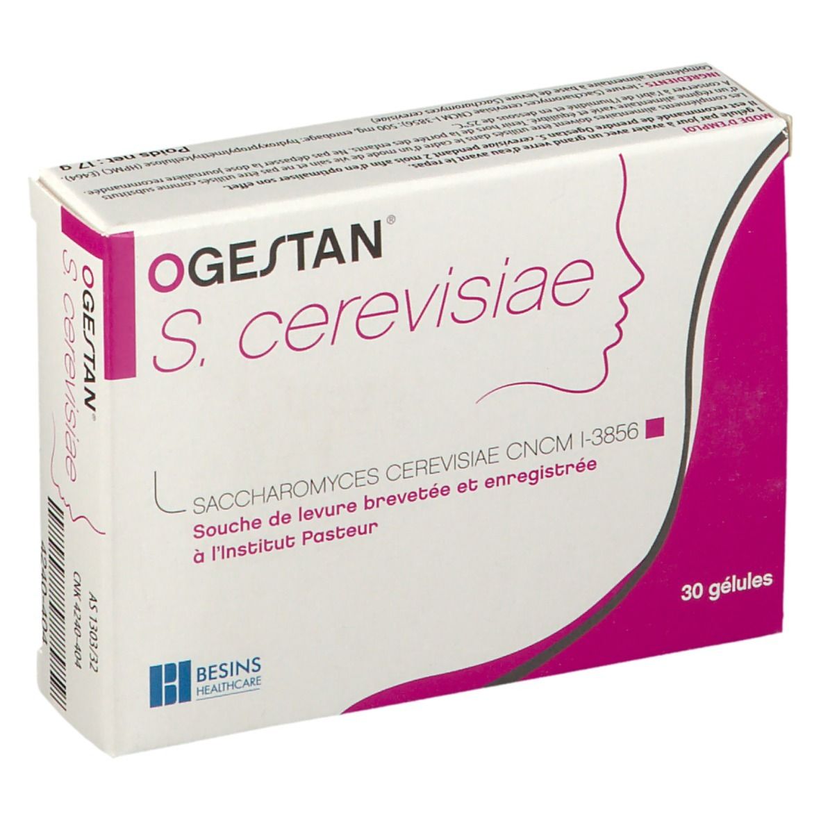Doos OGESTAN S. cerevisiae. Roze accent, vrouwenprofiel. 30 capsules.